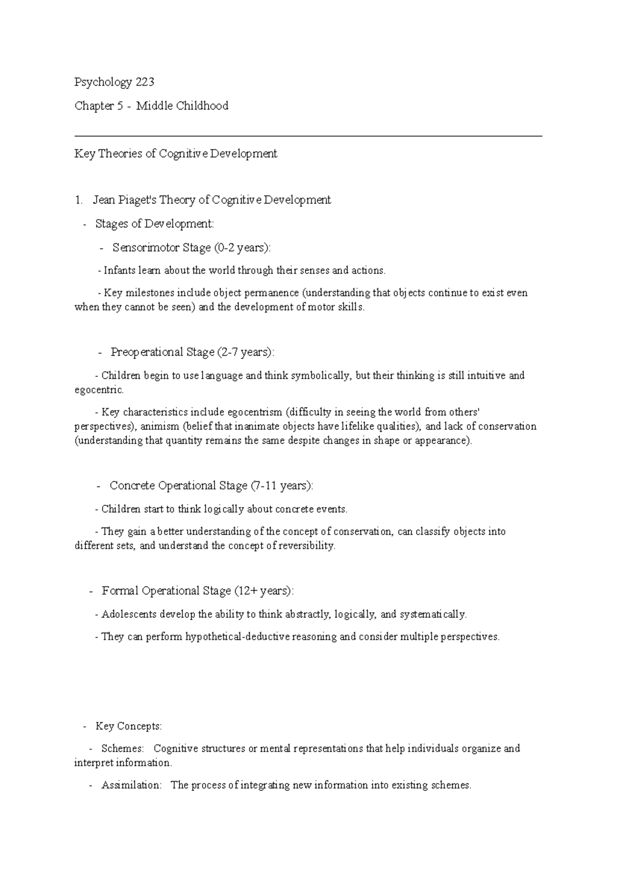 Psychology 223 - chapter 5, notes - Psychology 223 Chapter 5 - Middle ...