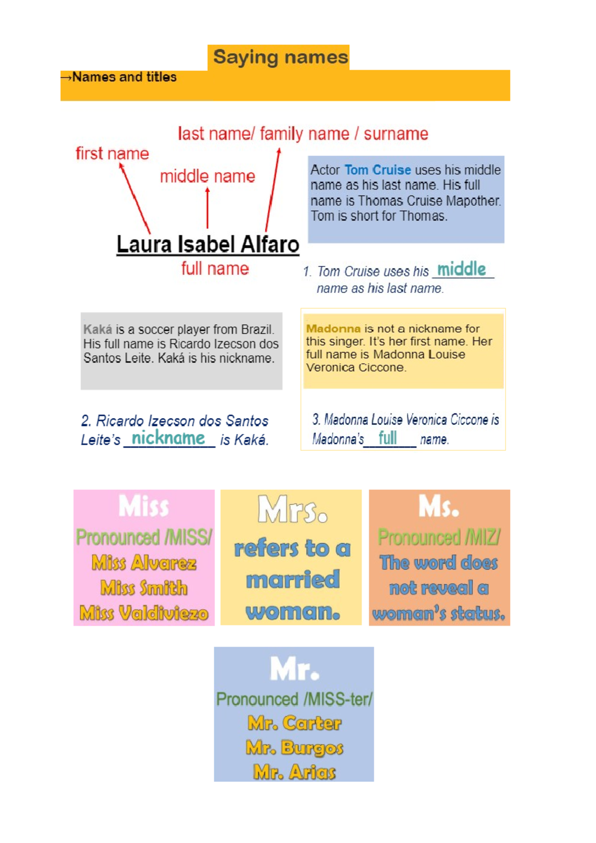 Semana 2 (saying names) - Saying names Names and titles last family ...