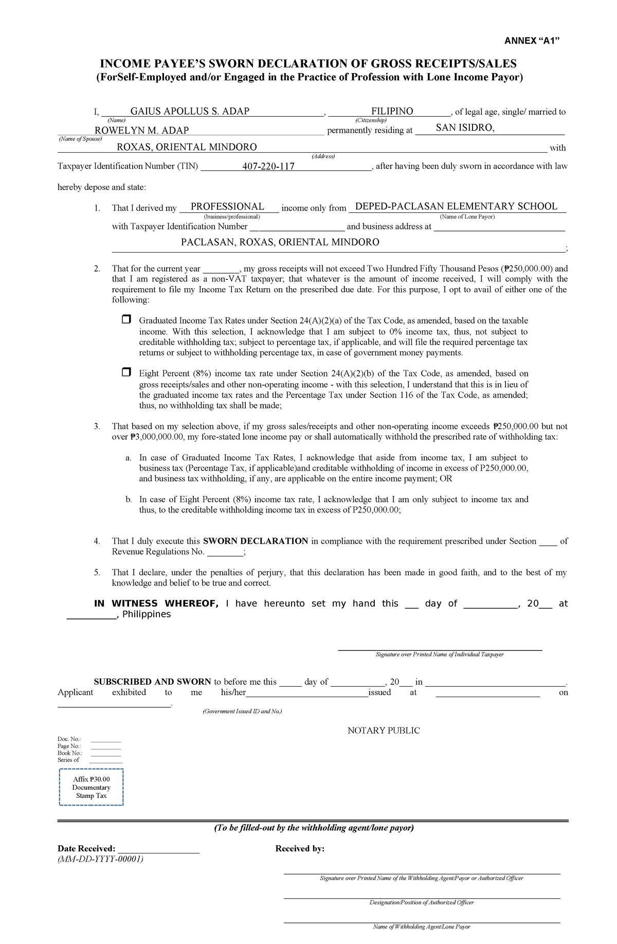 513283187 Annex A1 Sworn Declaration - ANNEX “A1” INCOME PAYEE’S SWORN ...