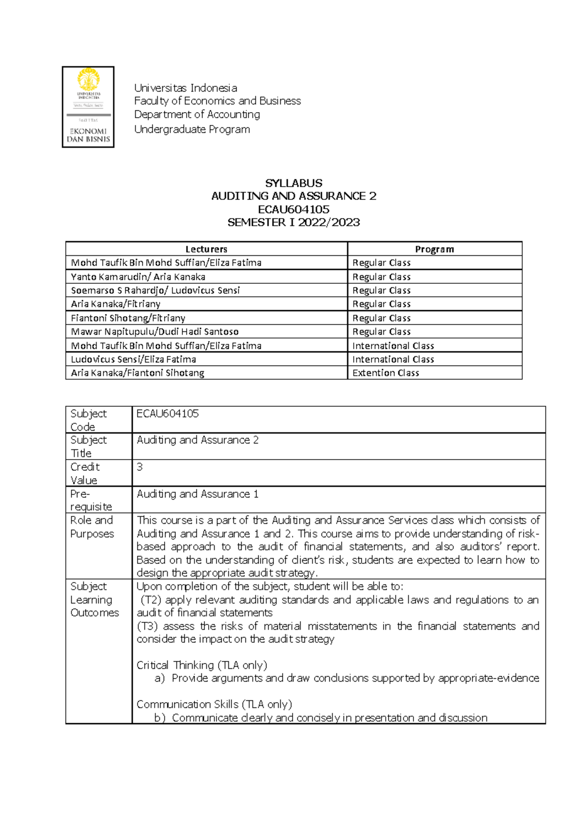 Silabus Pengauditan 2 Gasal 2022 2023 - SYLLABUS AUDITING AND ASSURANCE ...