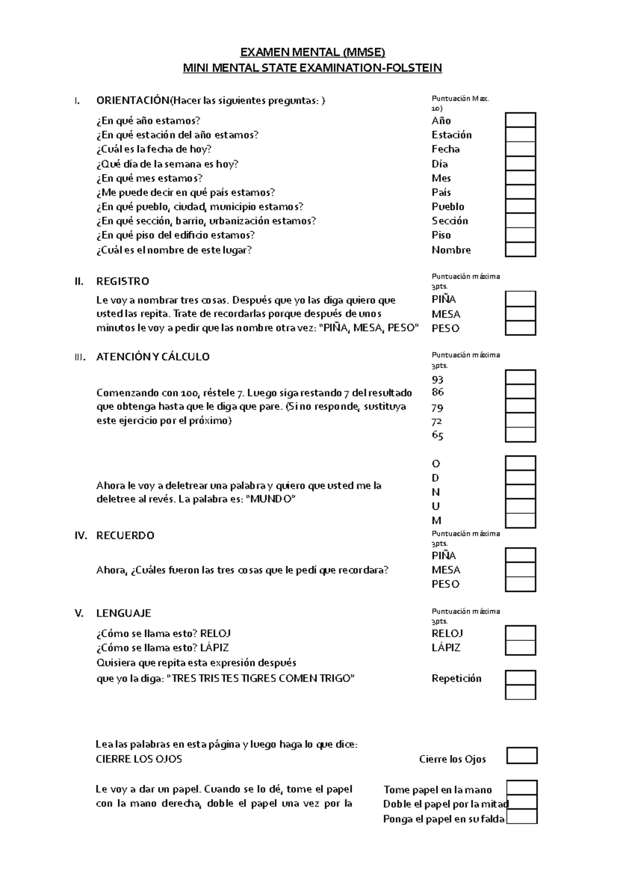 Examen Mental De Folstein - EXAMEN MENTAL (MMSE) MINI MENTAL STATE ...