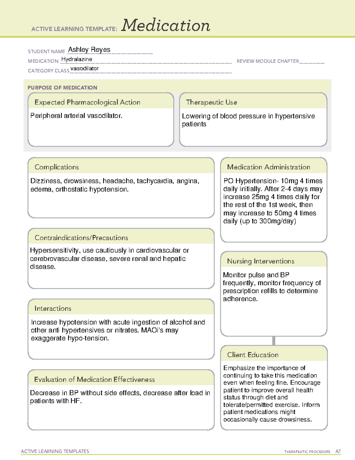 Hydralazine med sheet maternity meds ACTIVE LEARNING TEMPLATES THERAPEUTIC PROCEDURE A Studocu