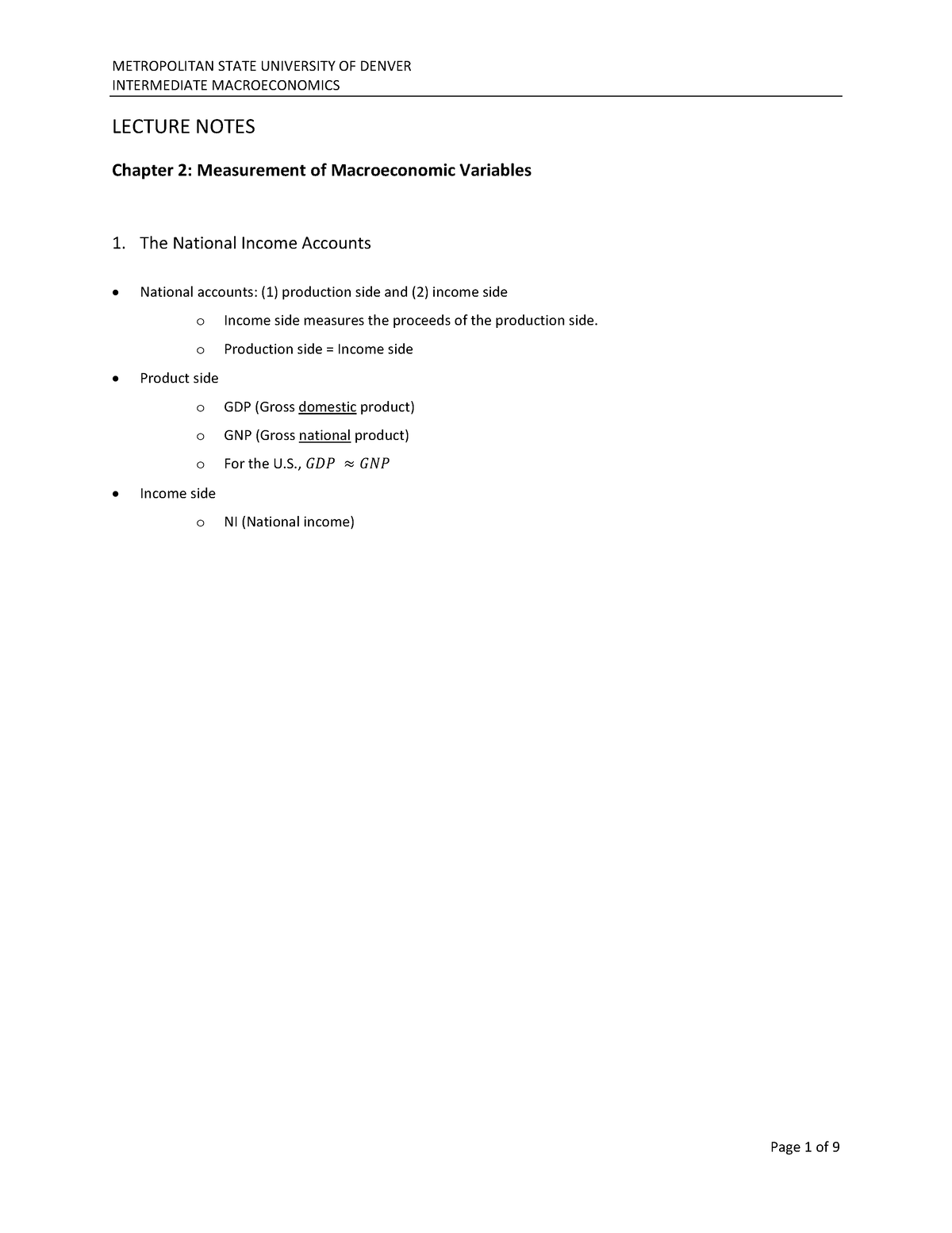 Lecture Notes Chapter 02 Measurement Of Macroeconomic Variables ...