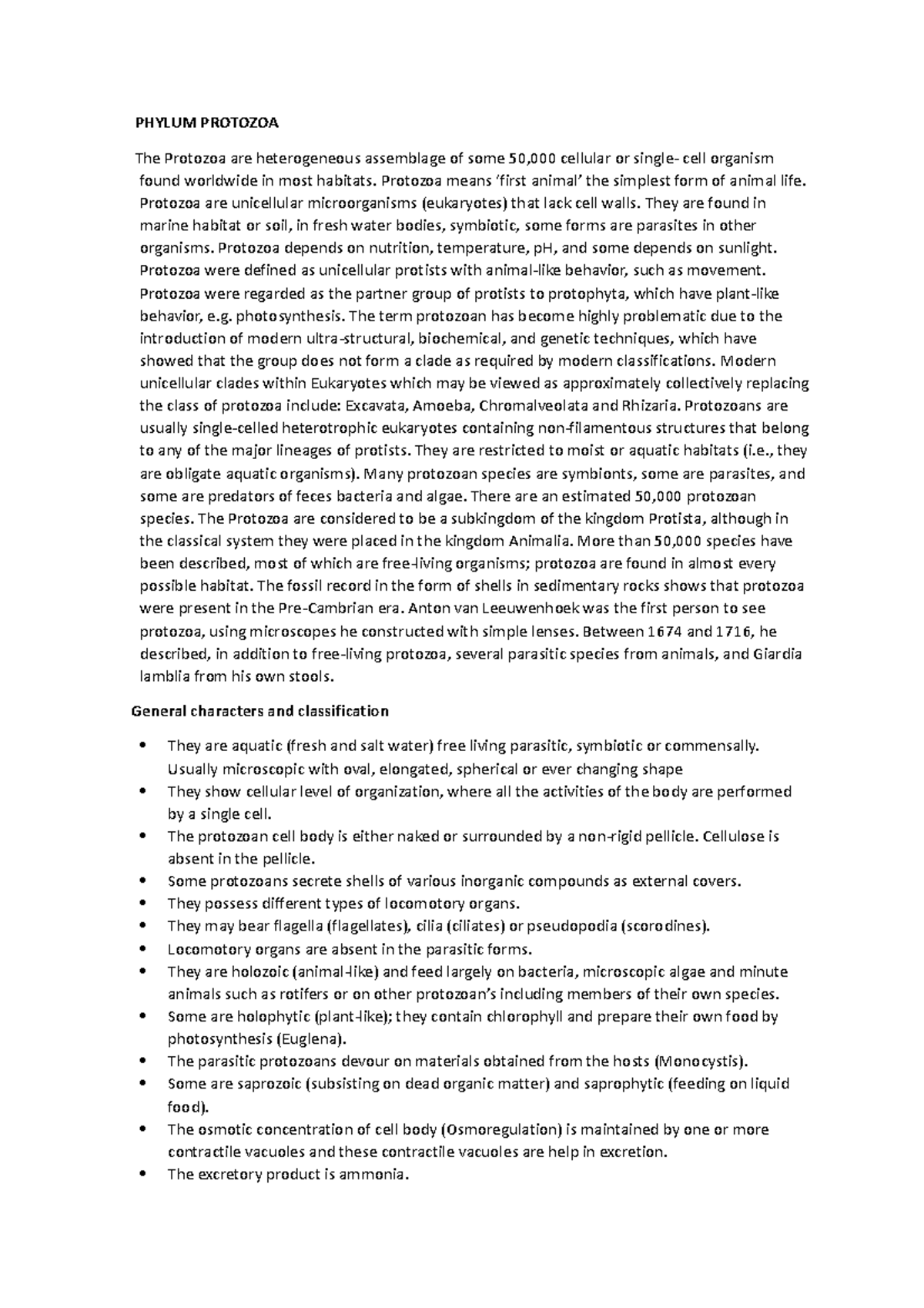 Phylum Protozoa - Elaborate notes - PHYLUM PROTOZOA The Protozoa are ...