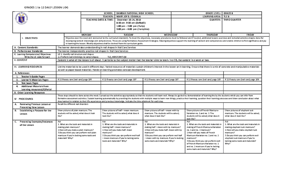 DLL nail care8 3rd week, Dec. 10-14, 2018 - GRADES 1 to 12 DAILY LESSON ...