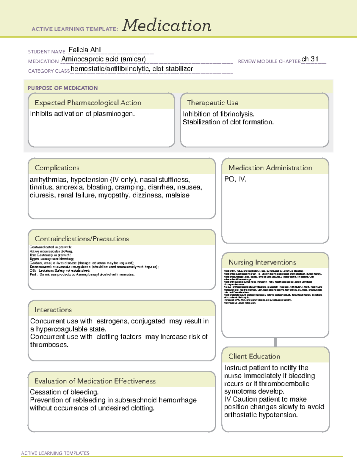 Aminocaproic acid drug cards ACTIVE LEARNING TEMPLATES Medication