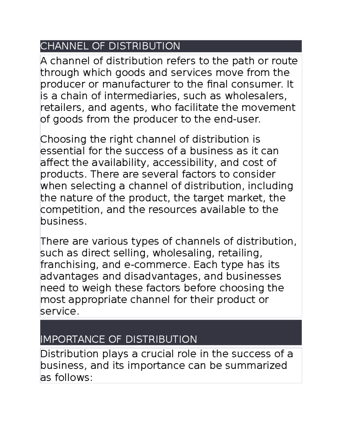 Marketing 1 CHANNEL OF DISTRIBUTION A channel of distribution refers