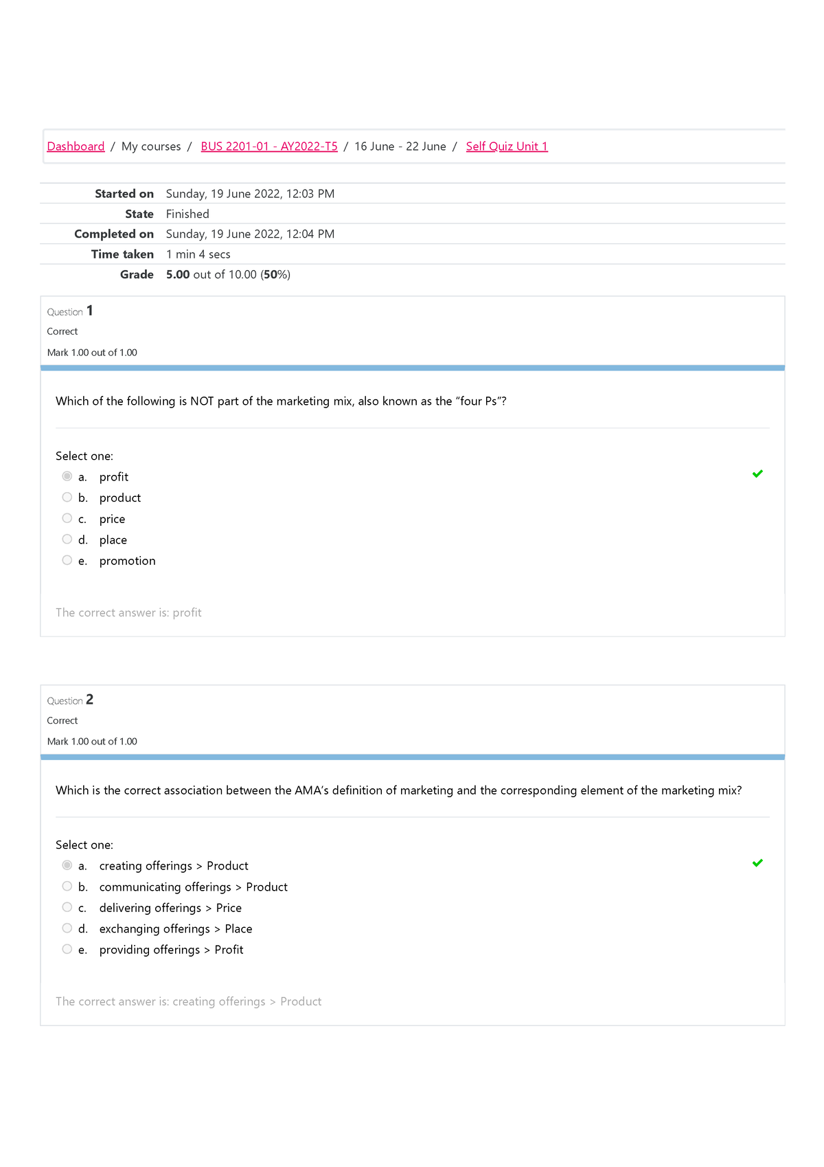 Self Quiz Unit 1 Attempt Review - Started On Sunday, 19 June 2022, 12: ...