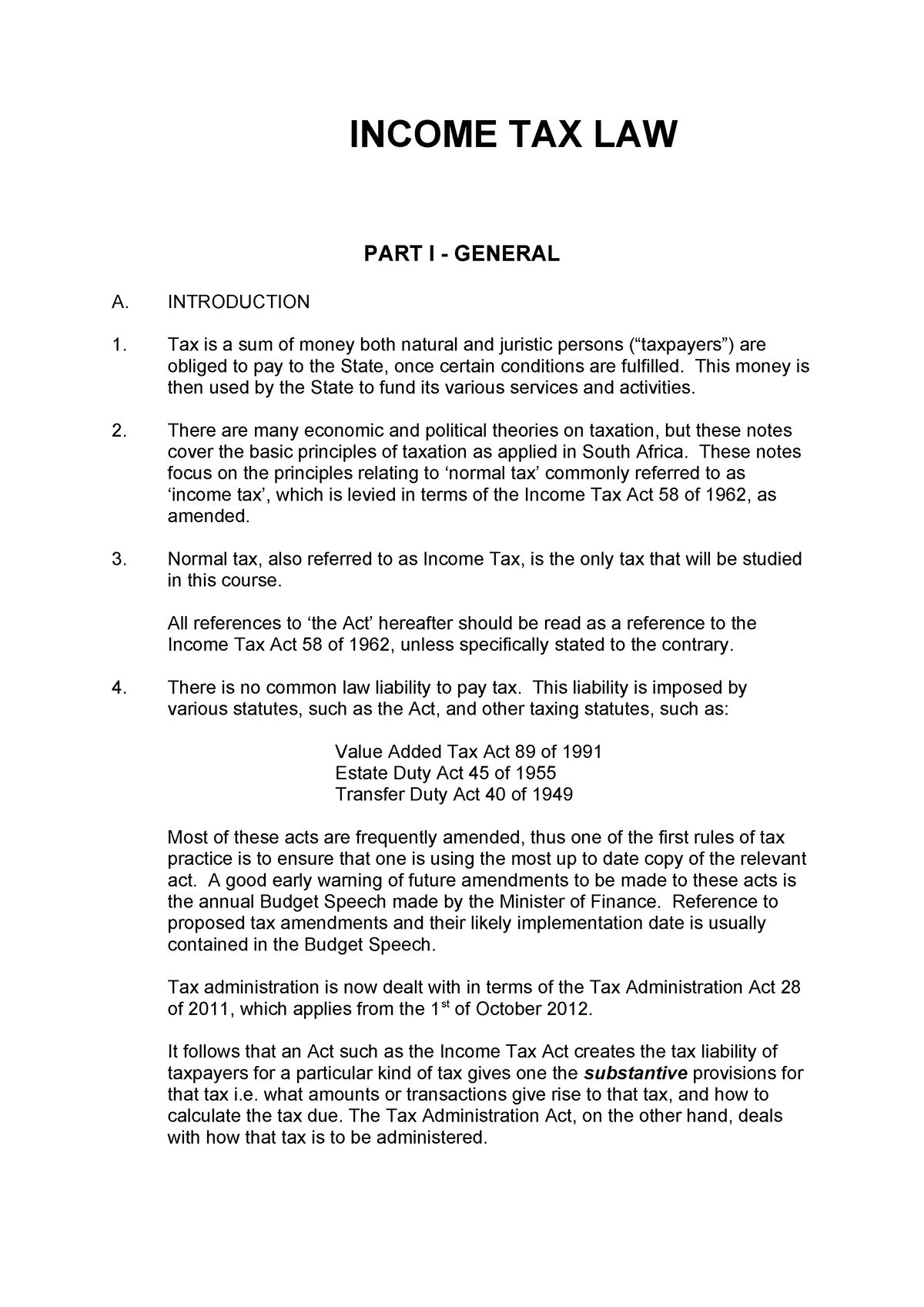 Income Tax Law Income Tax Law Part I General A Introduction Tax Is A Sum Of Money Both 0085