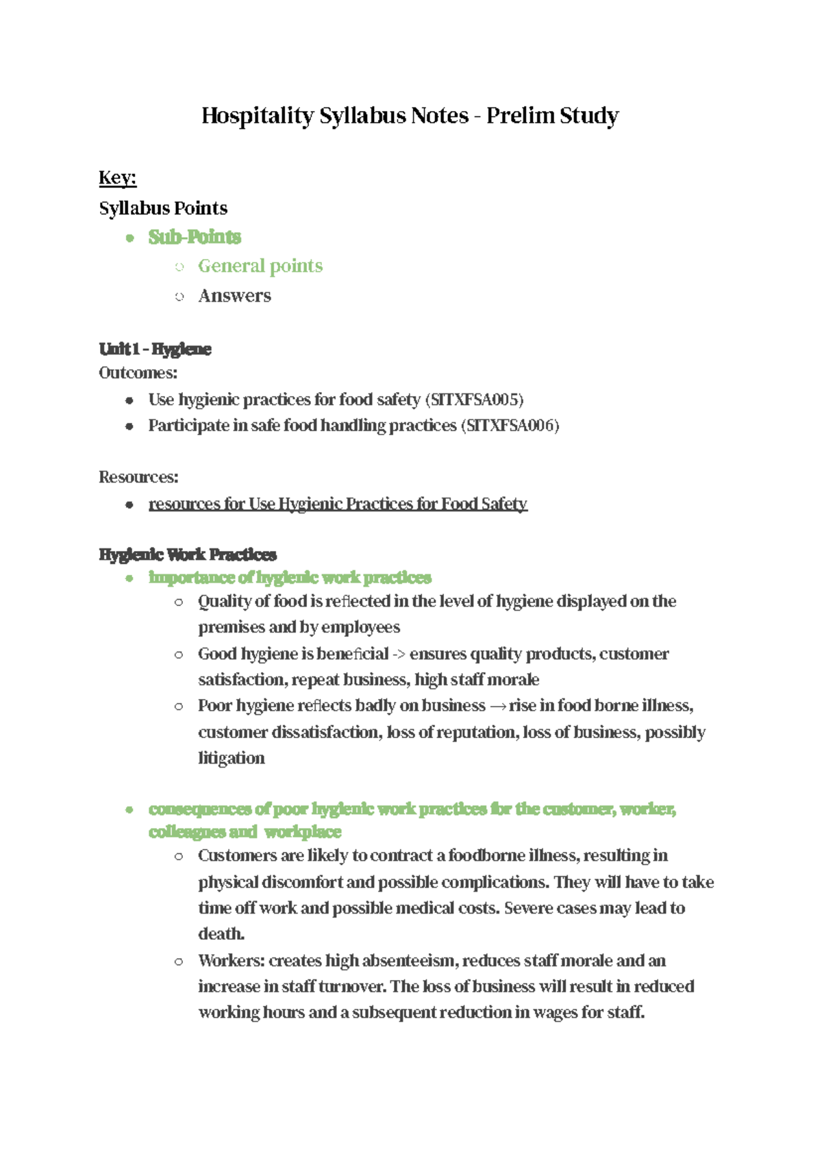 Hospitality Syllabus Notes - They will have to take time o work and ...