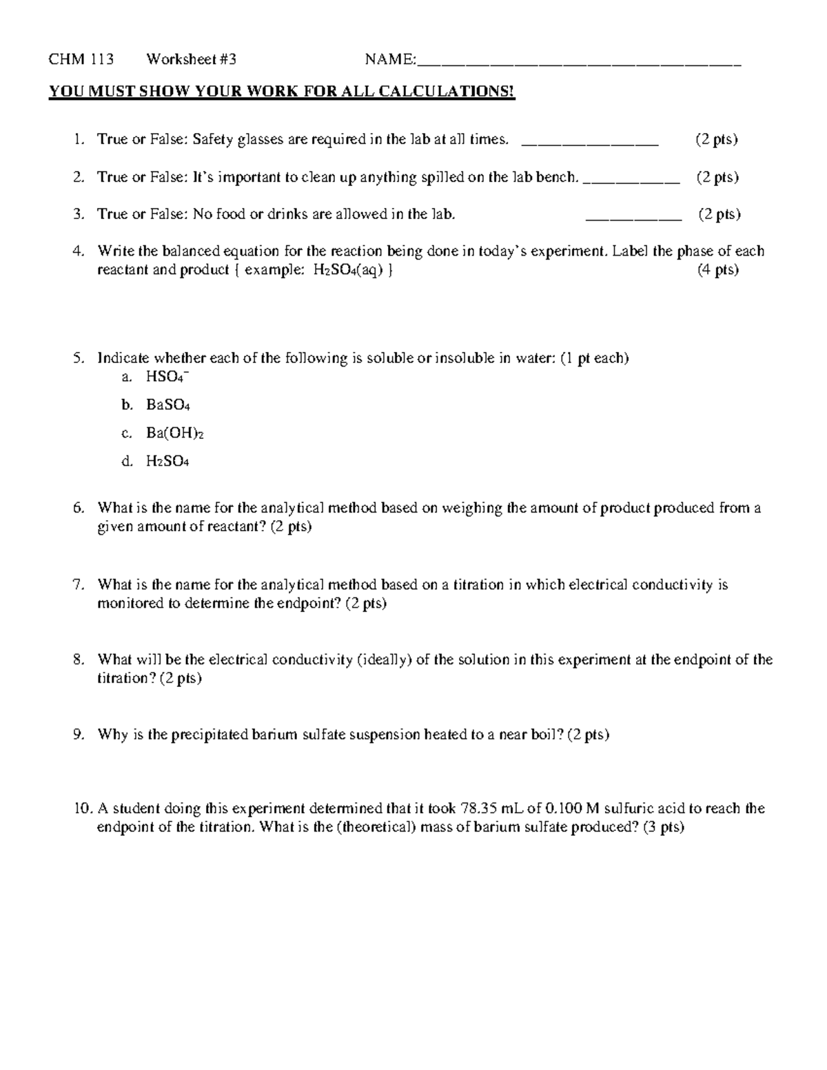 Lab Worksheet 3 for conductimetric titration CHM 113 Worksheet 3