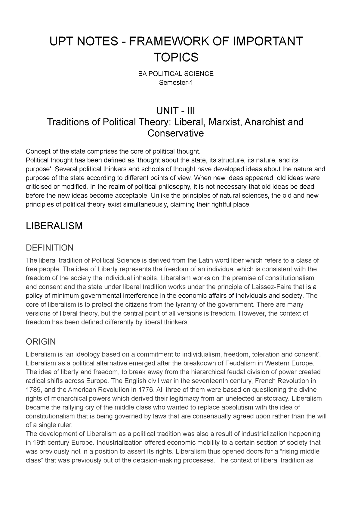 Liberalism- Political Theory - UPT NOTES - FRAMEWORK OF IMPORTANT ...