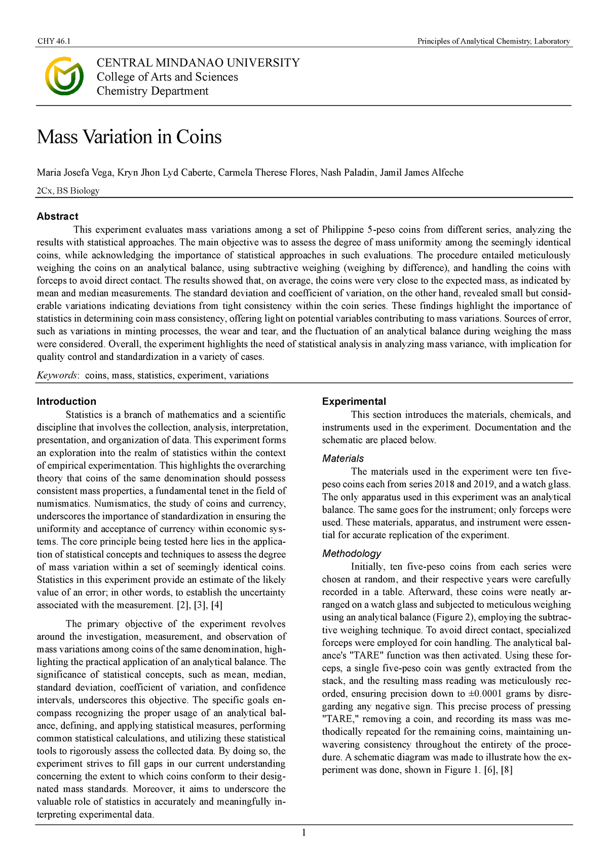 Vega Exp1 Formal Report - CHY 4 6 .1 Principles Of Analytical Chemistry ...