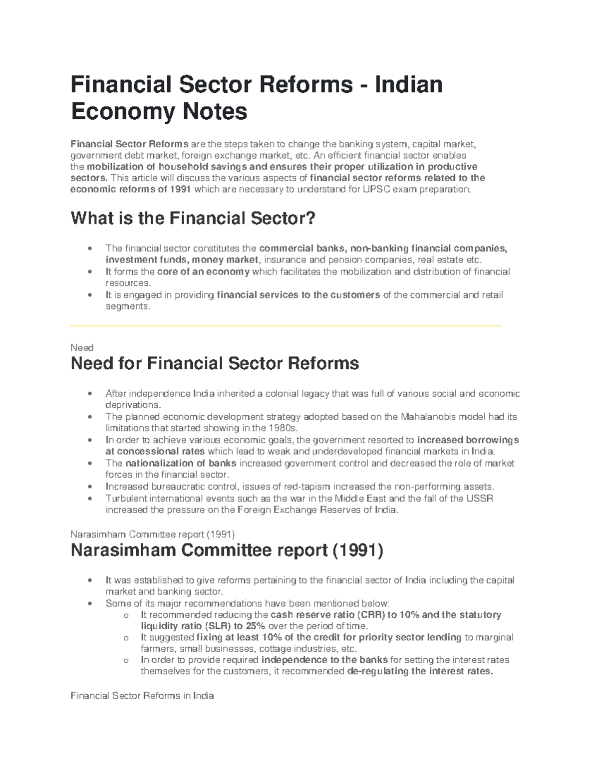 Financial Sector Reforms An efficient financial sector enables the