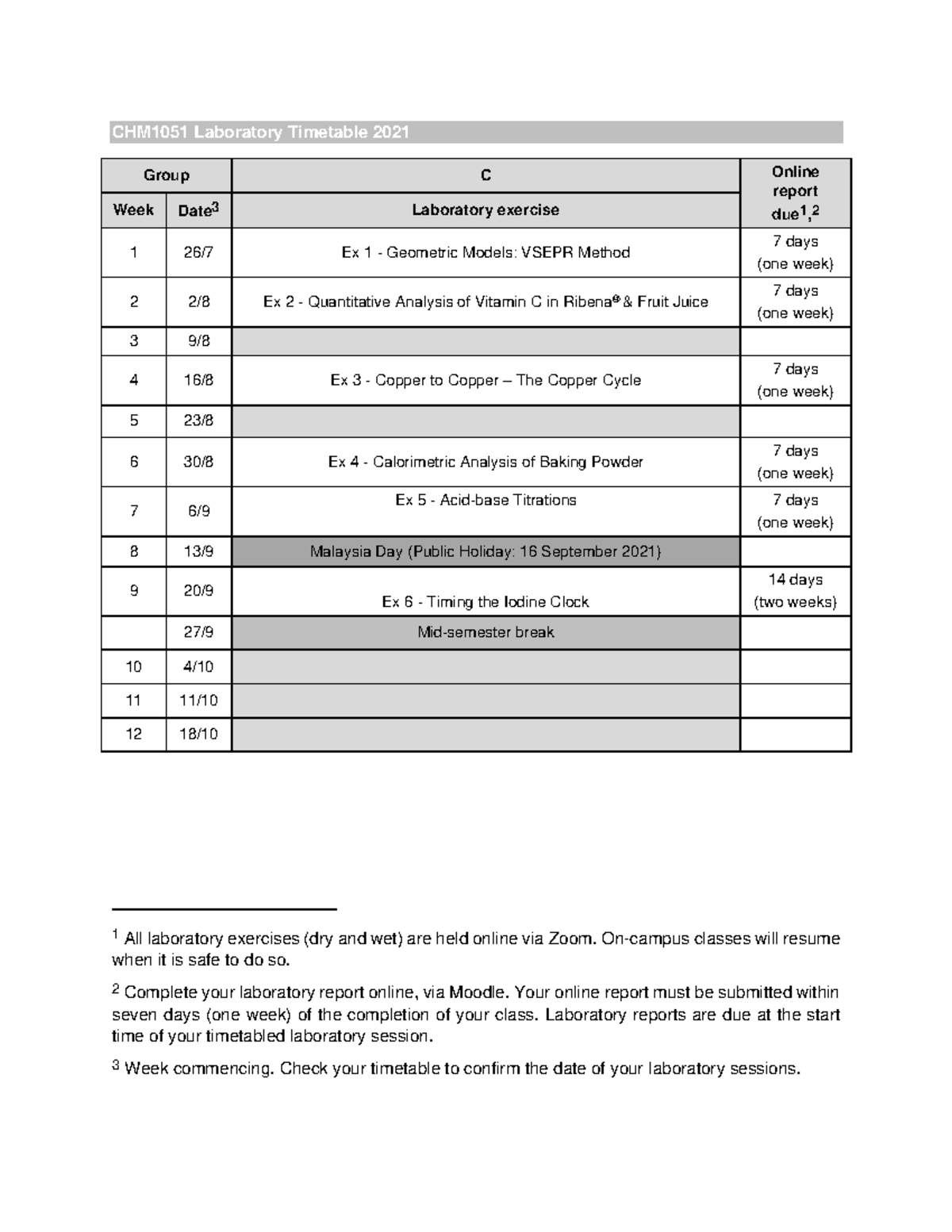 CHM1051 2021 Practical timetable - CHM1051 Laboratory Timetable 2021 1 ...