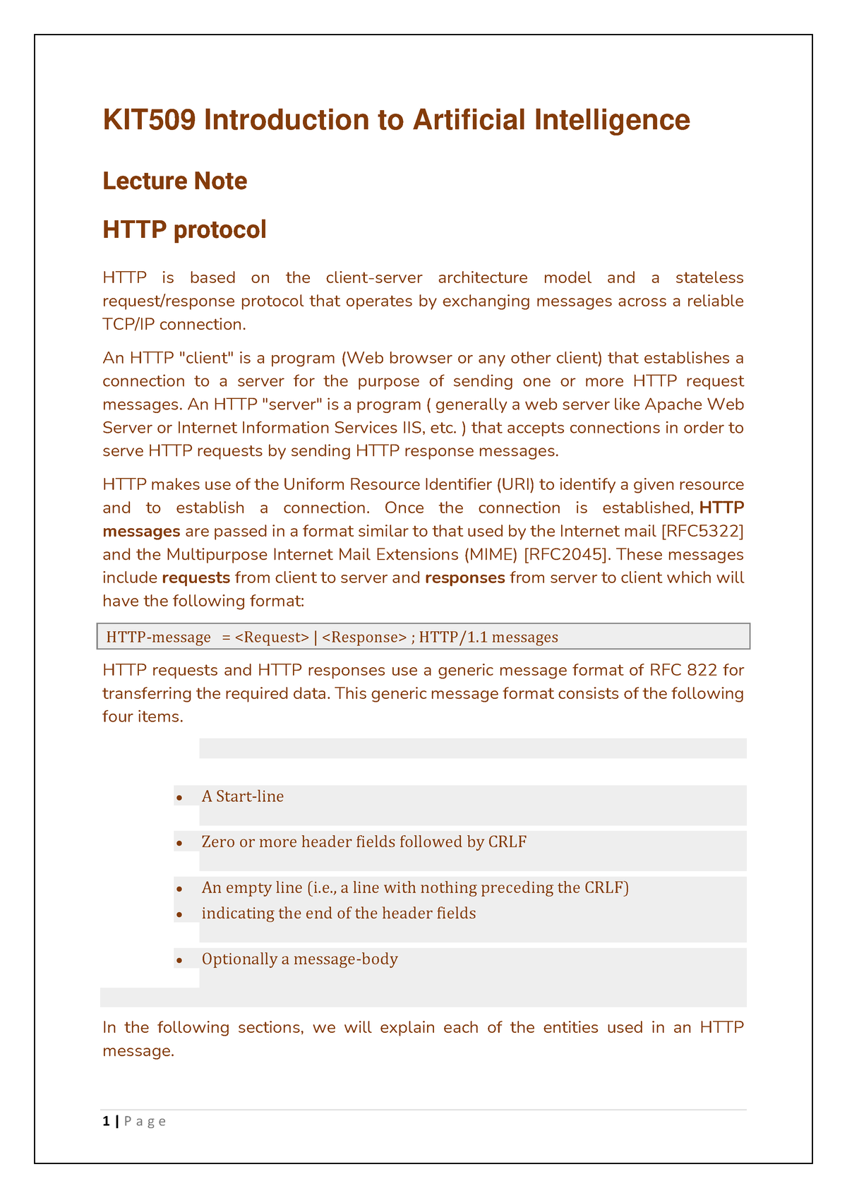 Kit509 Introduction To Artificial Intelligence Protocol Lecture Note 1 P A G E Kit509 0573