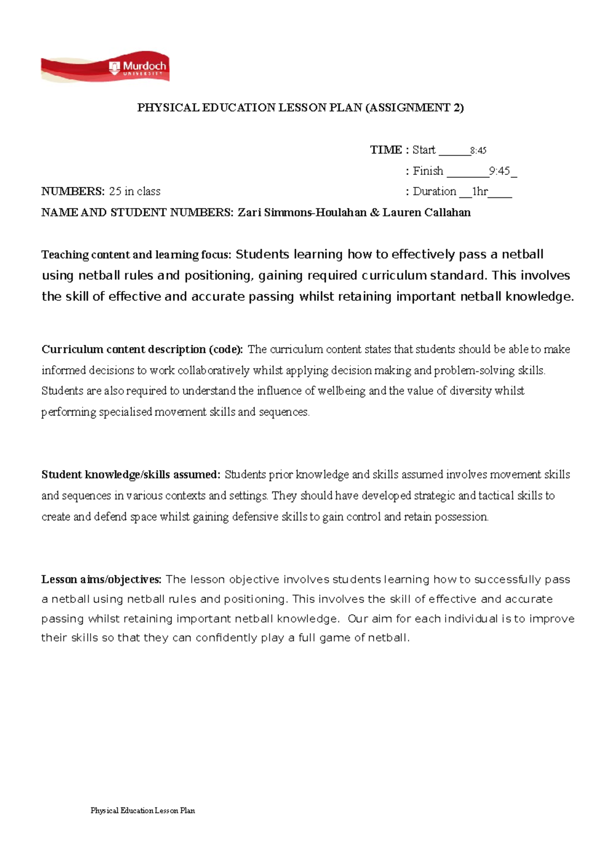 Blank lesson plan: - PHYSICAL EDUCATION LESSON PLAN (ASSIGNMENT 2) TIME ...