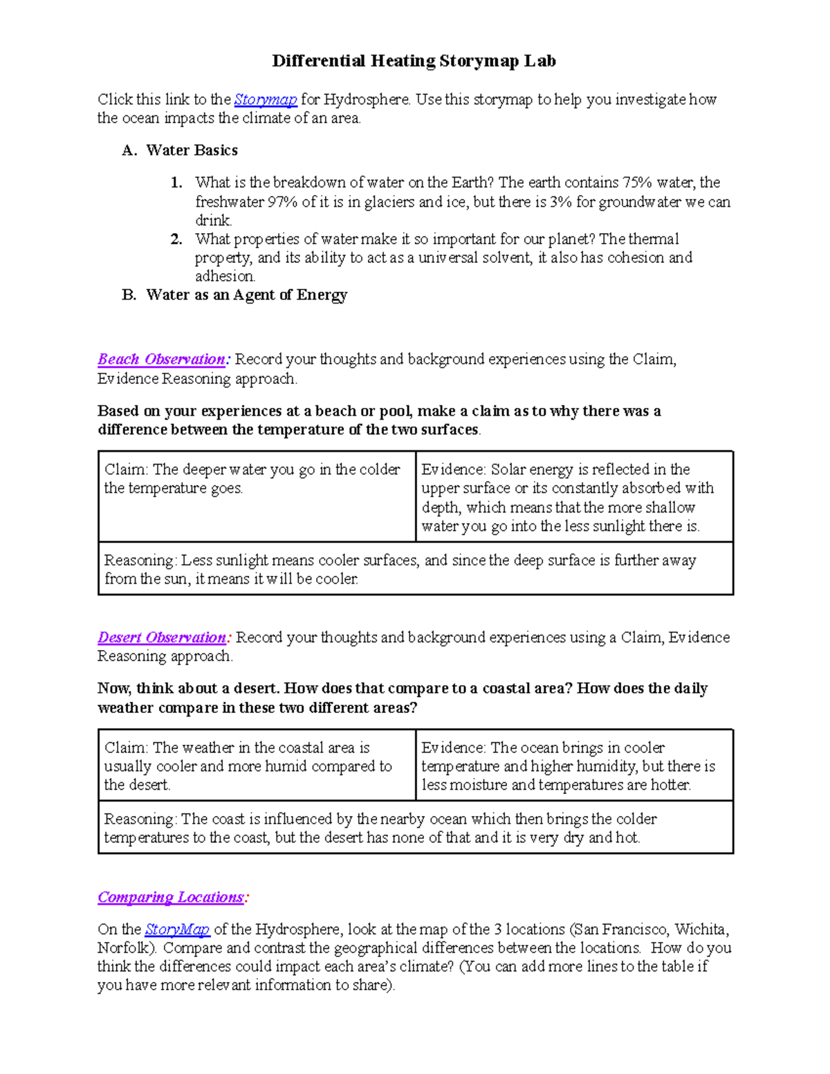 Differential Heating Storymap Lab Use this storymap to help you