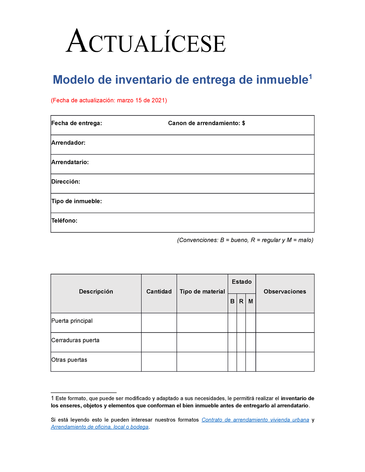 Va21 Acta Inventario Entrega Inmueble Modelo De Inventario De Entrega De Inmueble 1 Fecha De 6537