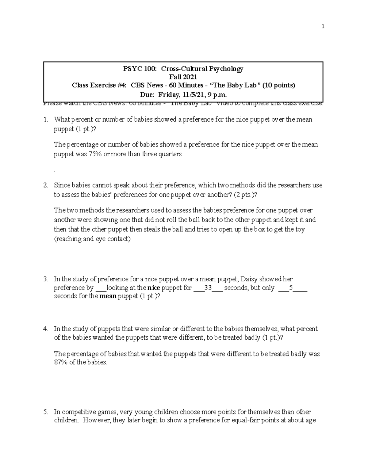 Class Exercise #4 - CBS News 60 Minutes - The Baby Lab - 1 Due labeled ...