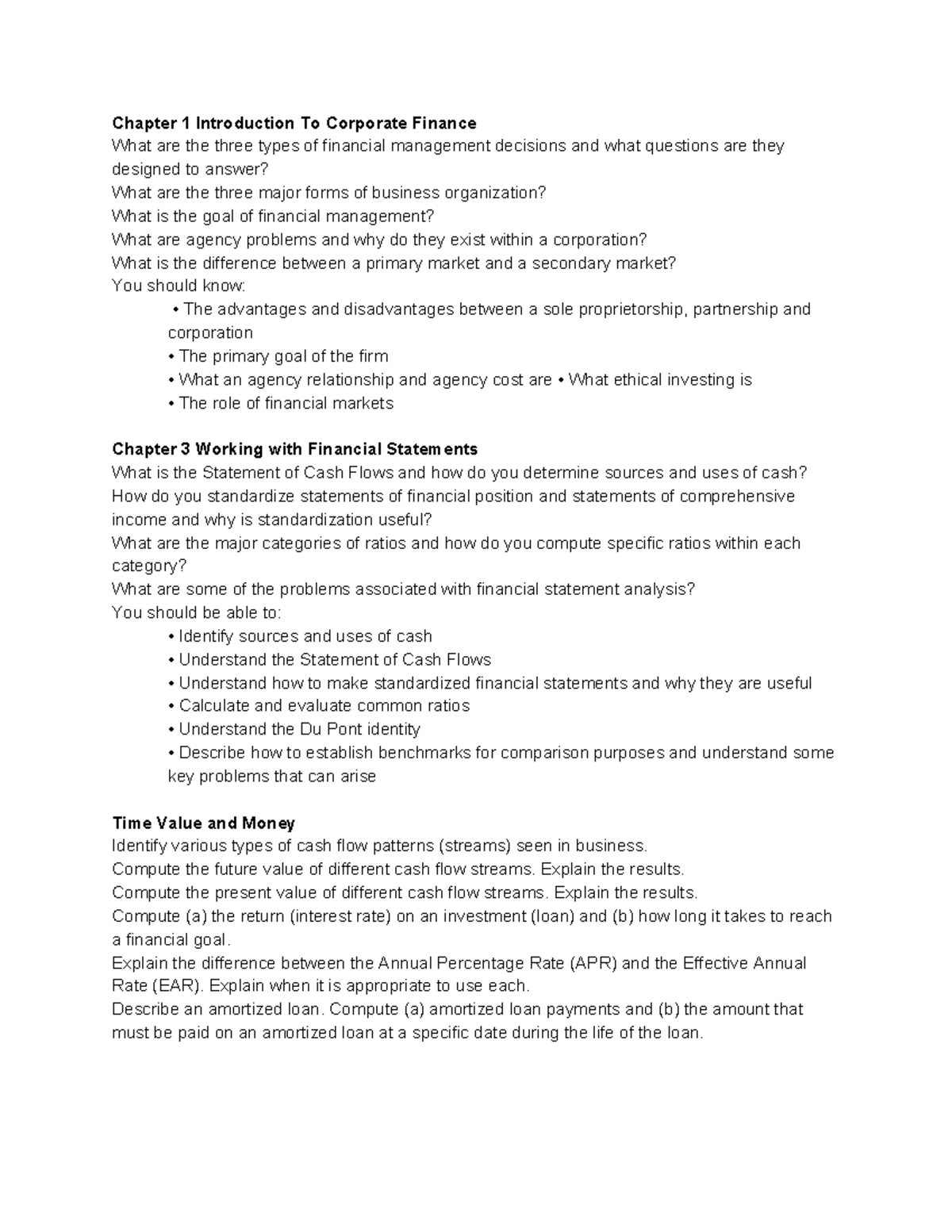 Finance Midterm Prep Review - Chapter 1 Introduction To Corporate ...