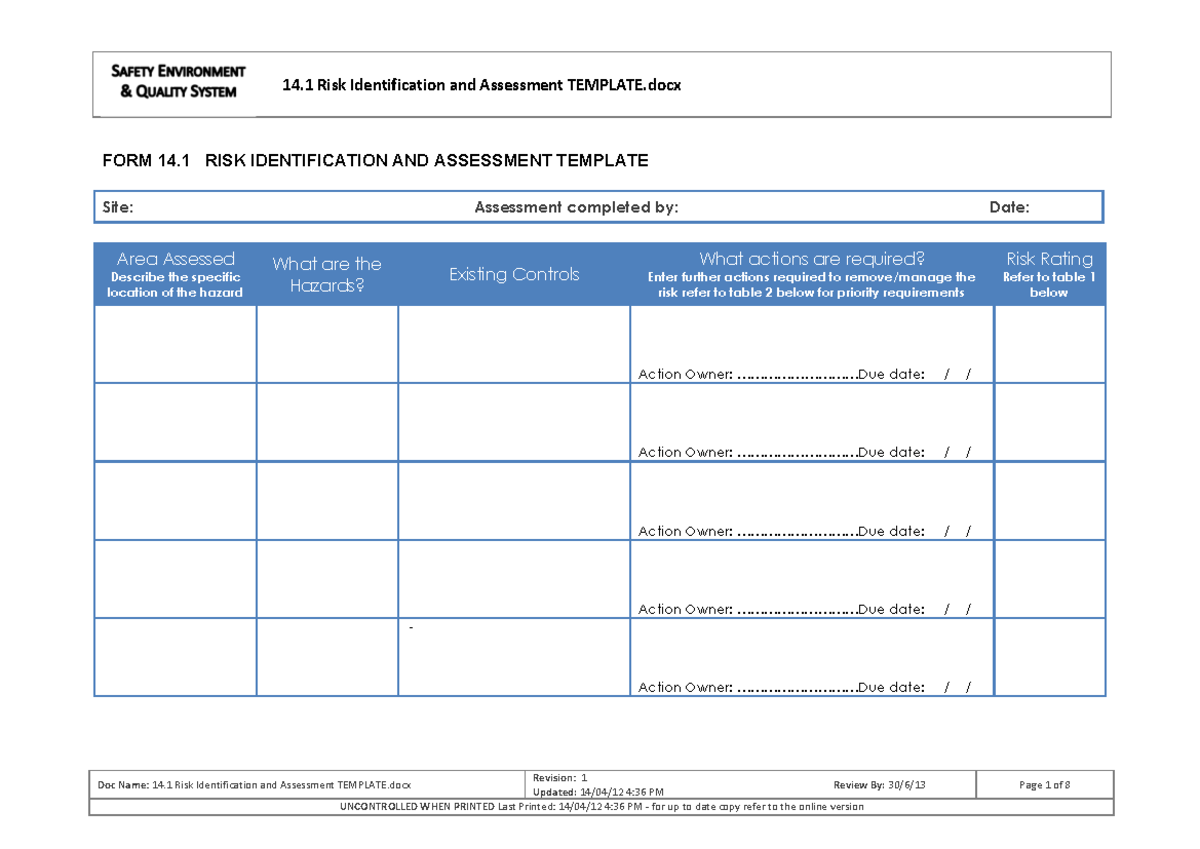 14.1 Risk Identification and Assessment Template - Doc Name: 14 Risk ...