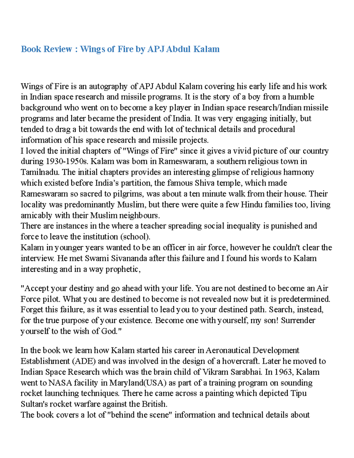 Ameen English Assignment 6 Book Review Wings of Fire by APJ Abdul