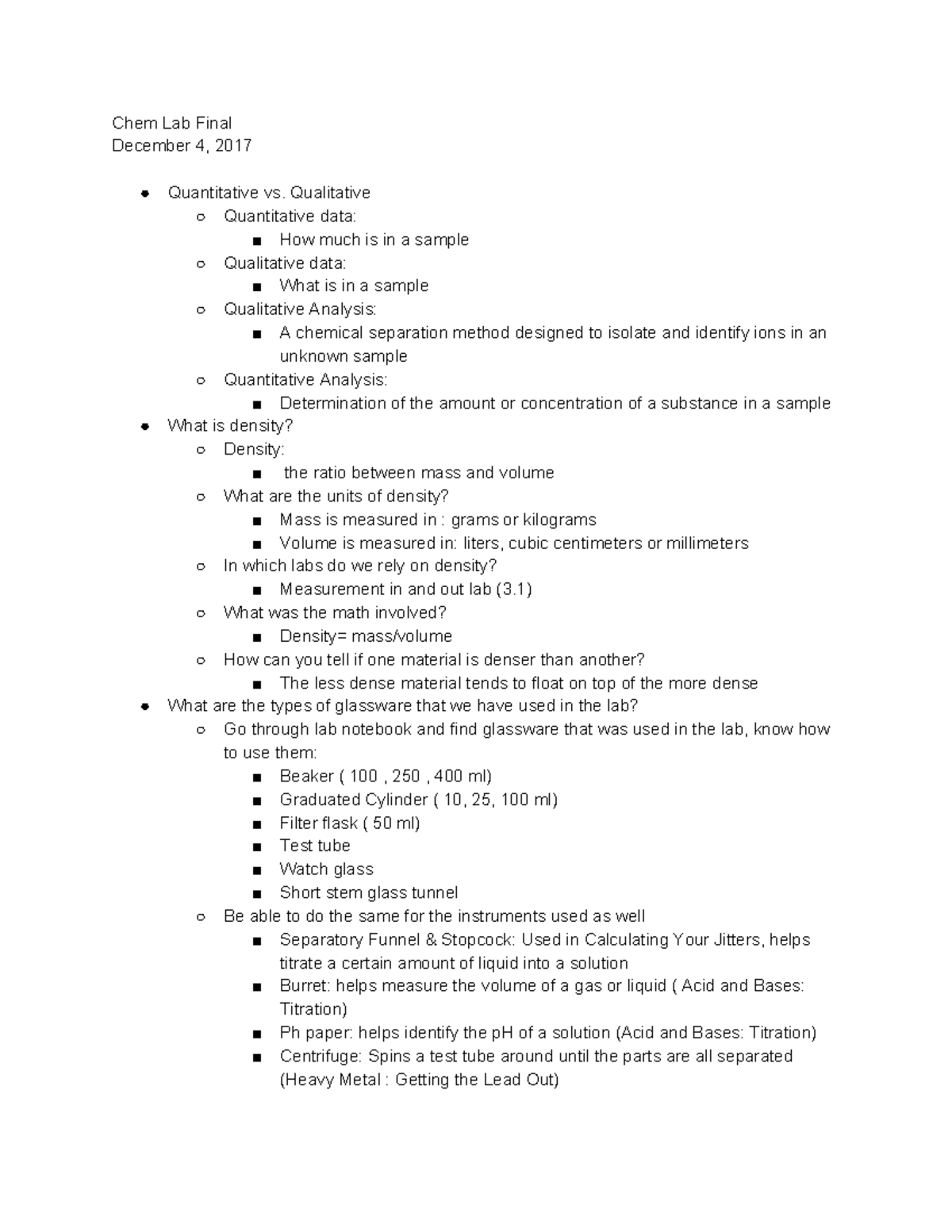 Chem Lab Final Study Guide - Chem Lab Final December 4, 2017 ...