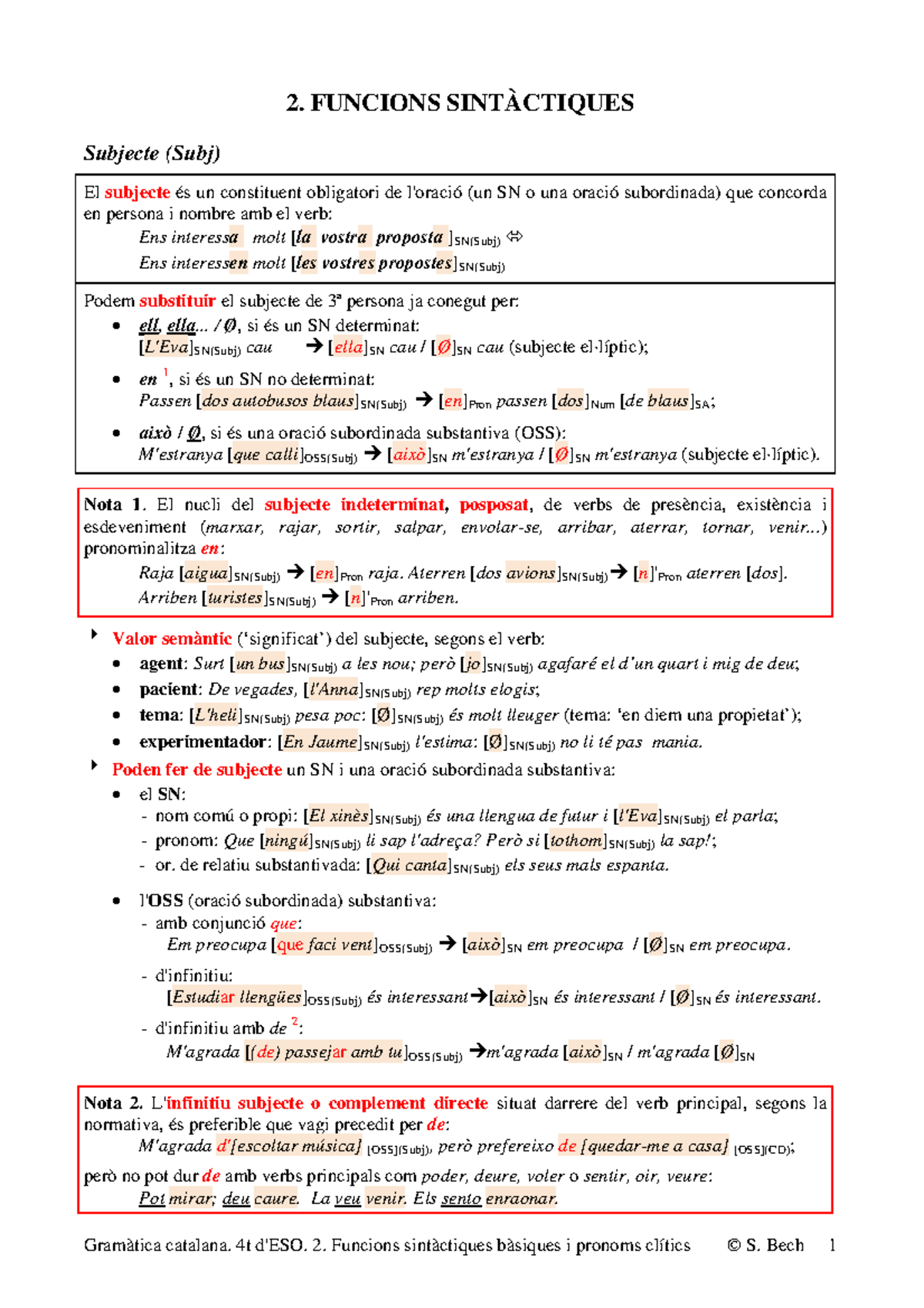 Apunts Sintaxi Català - 2. FUNCIONS SINTÀCTIQUES Subjecte (Subj) El ...