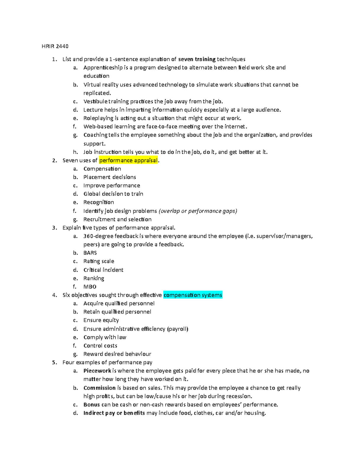 Sample Final - HRIR 2440 1. List and provide a 1-sentence explanation ...