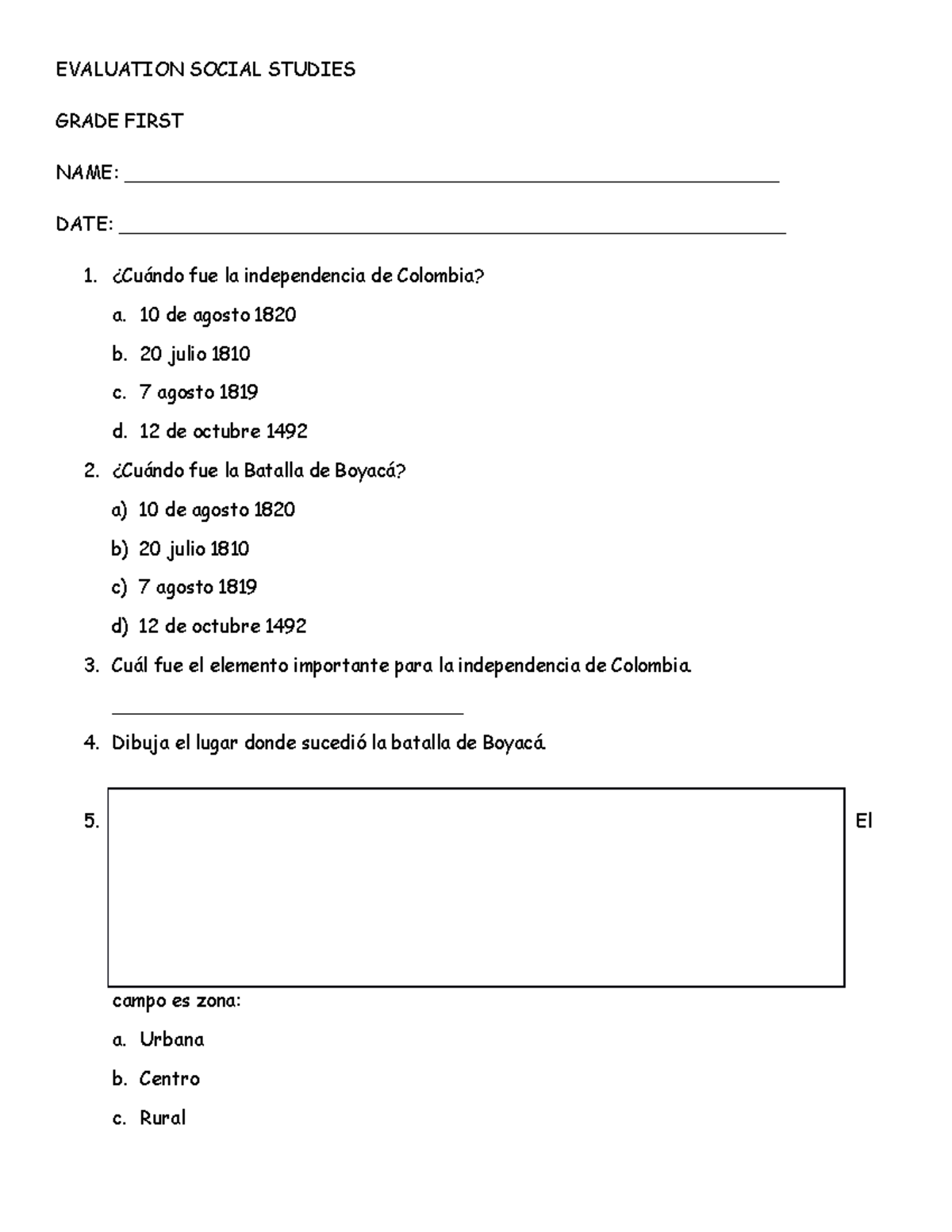 Evaluation Social Studies EVALUATION SOCIAL STUDIES GRADE FIRST NAME