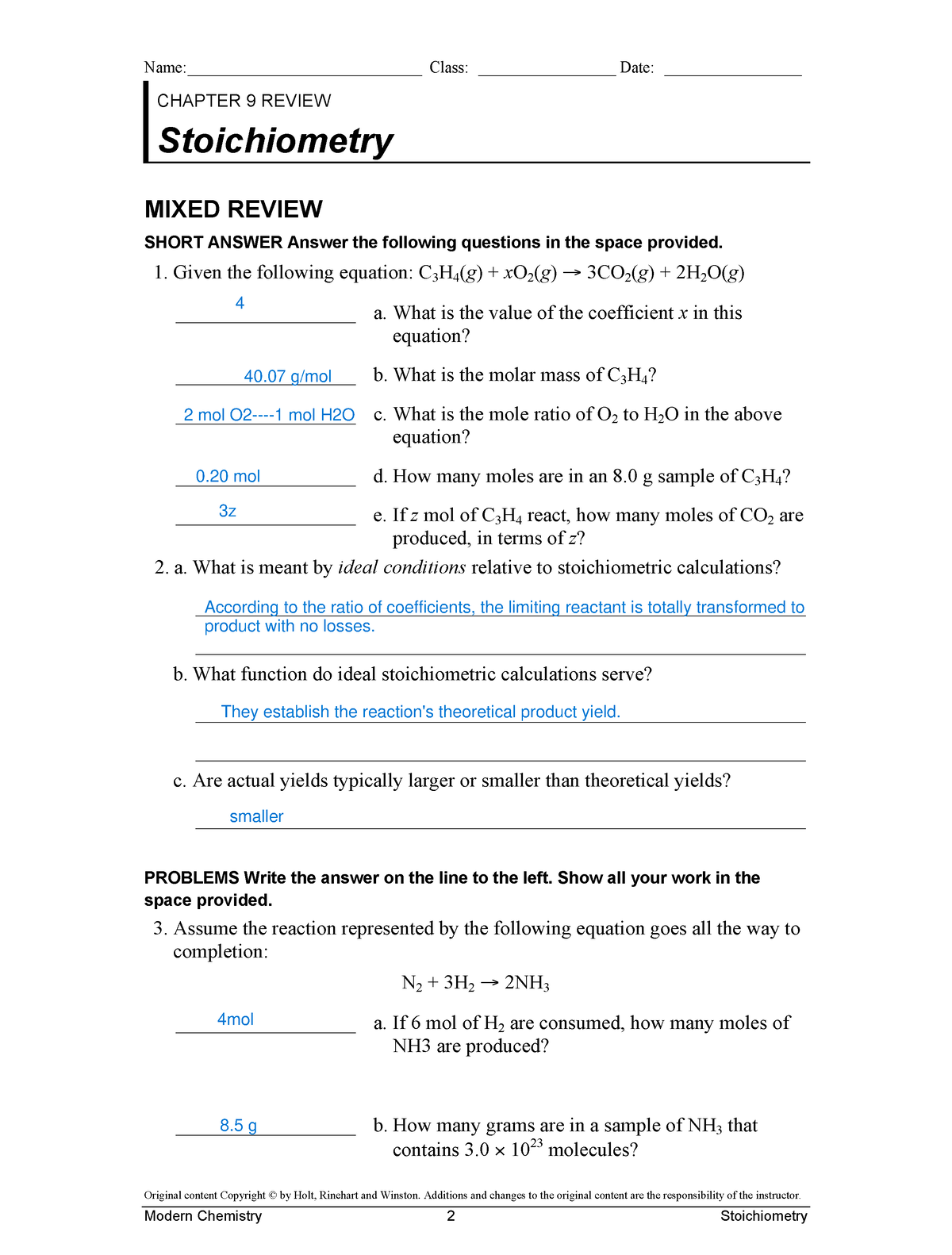 CHAPTER 9 REVIEW Stoichiometry - Name ...