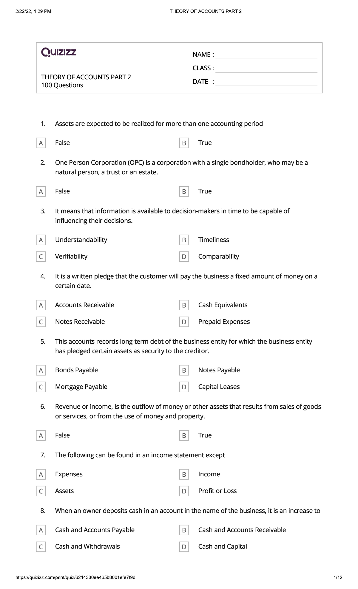 Theory OF Accounts PART 2 THEORY OF ACCOUNTS PART 2100 Questions NAME   Thumb 1200 1976 