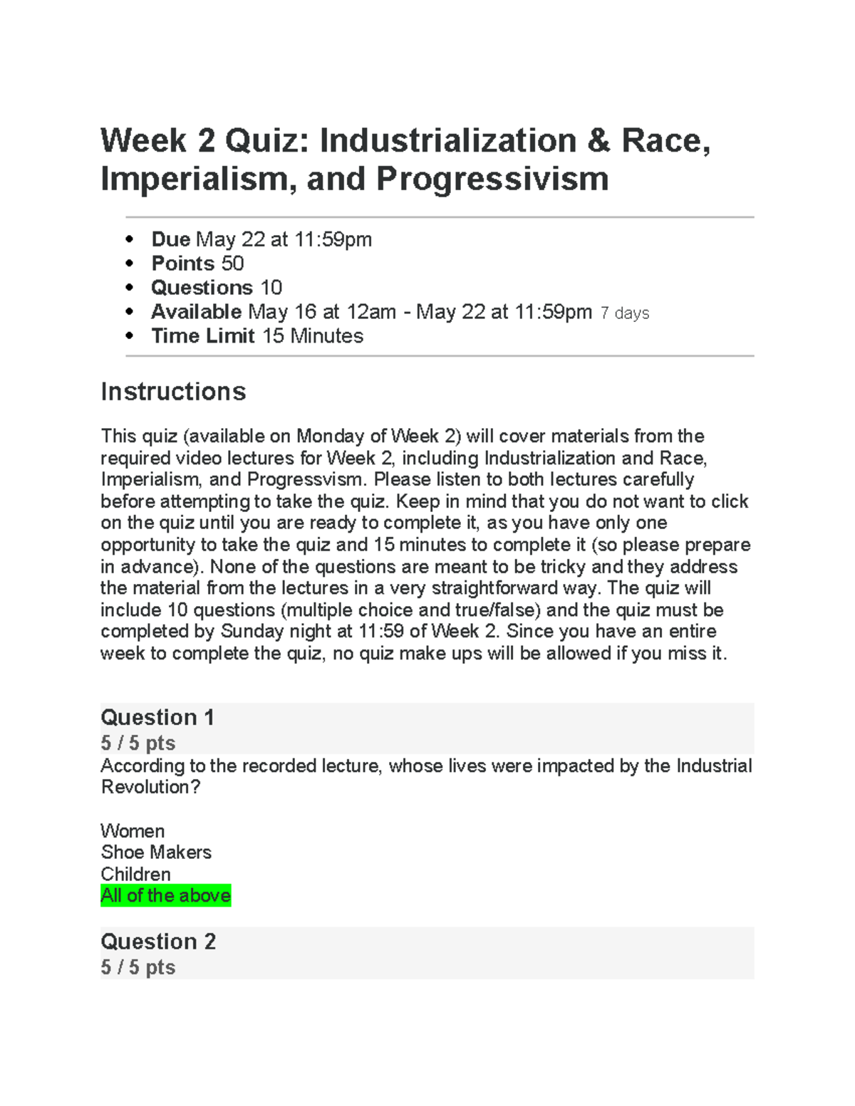 Week 2 Quiz Quiz Week 2 Quiz Industrialization & Race, Imperialism