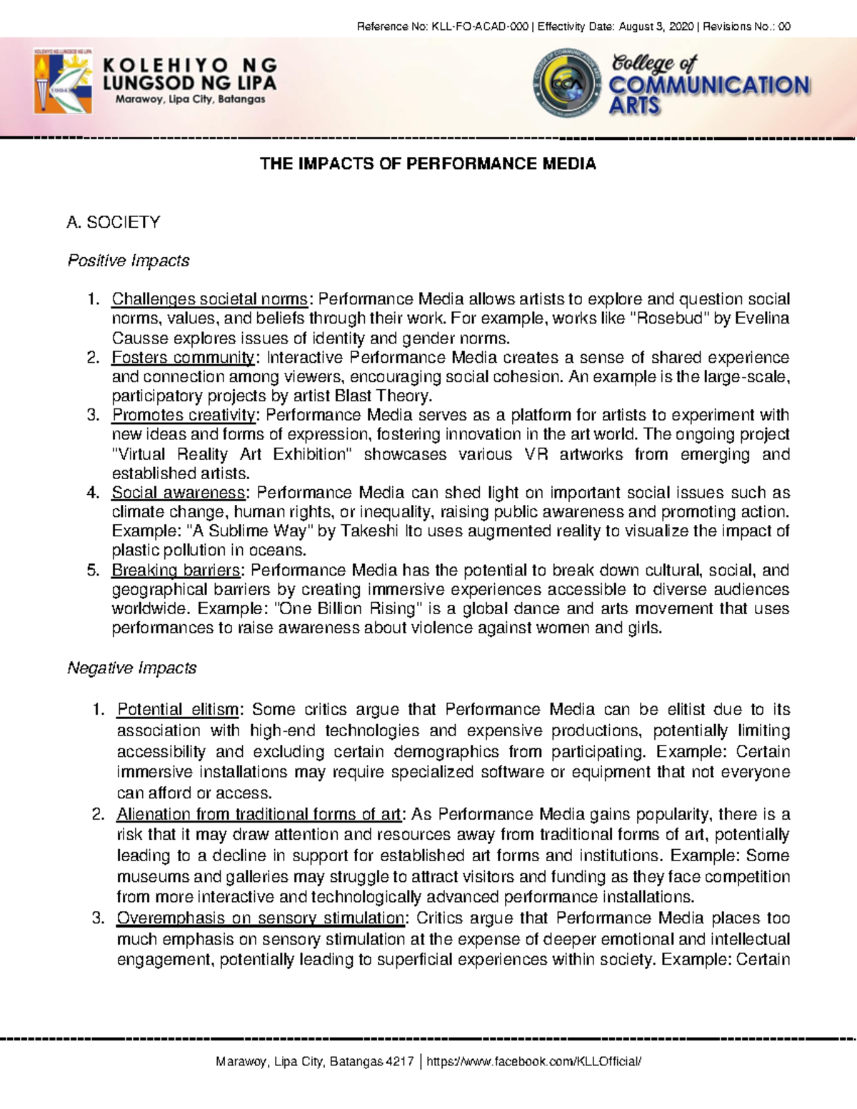 Impacts-OF- Performance- Media - Reference No: KLL-FO-ACAD-000 ...