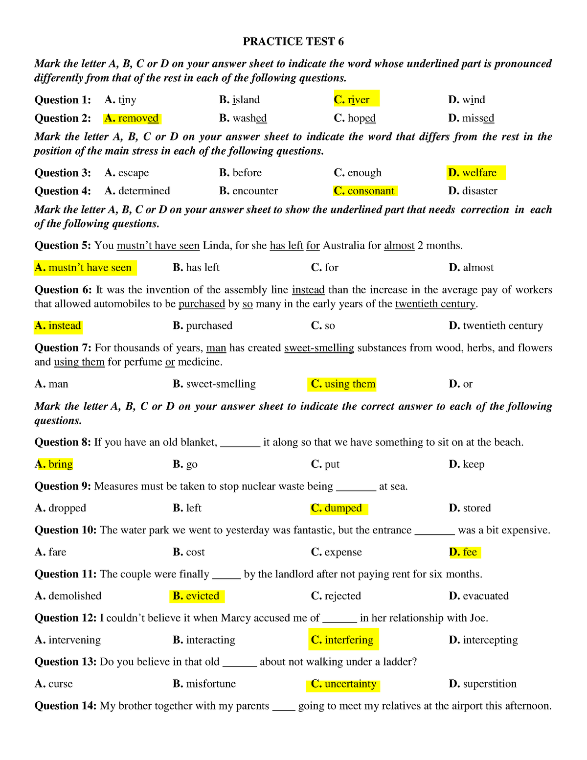 Practice TEST 6 - PRACTICE TEST 6 Mark The Letter A, B, C Or D On Your ...