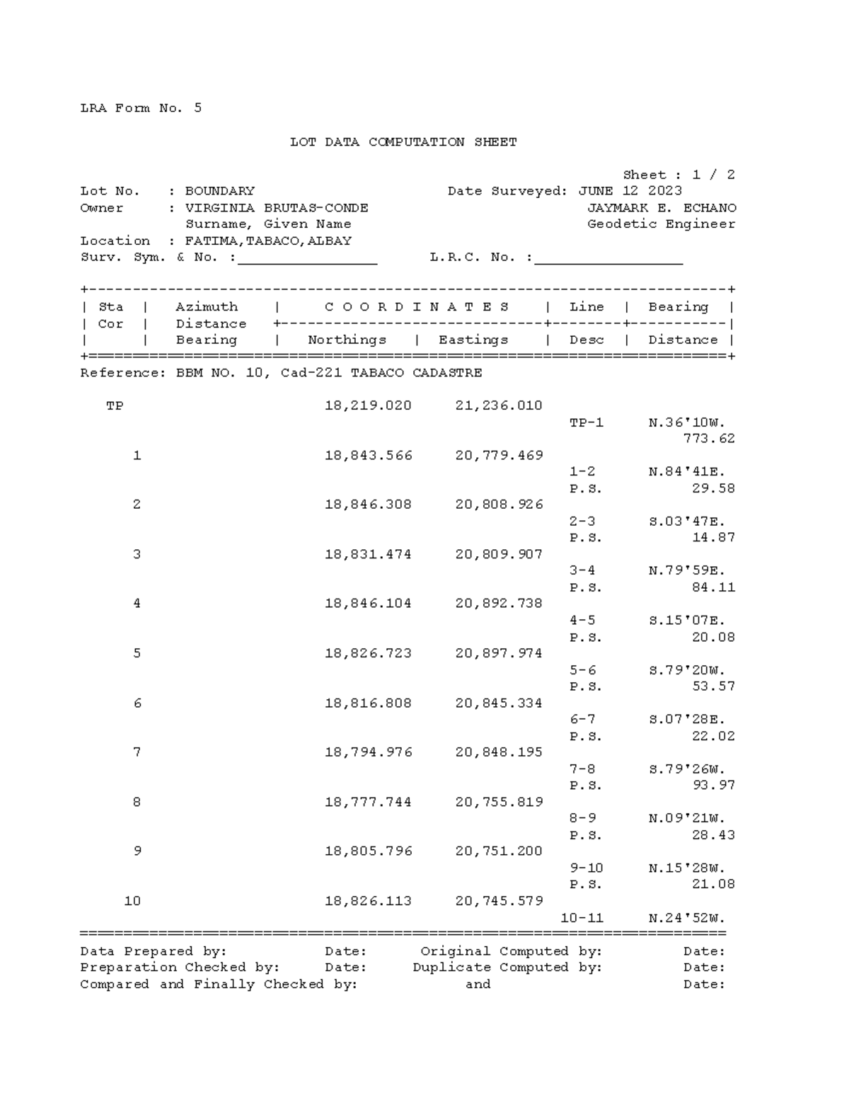 LDC LOT 36 Revised - LOT DATA COMPUTATION SHEET Sheet : 1 / 2 Lot No ...