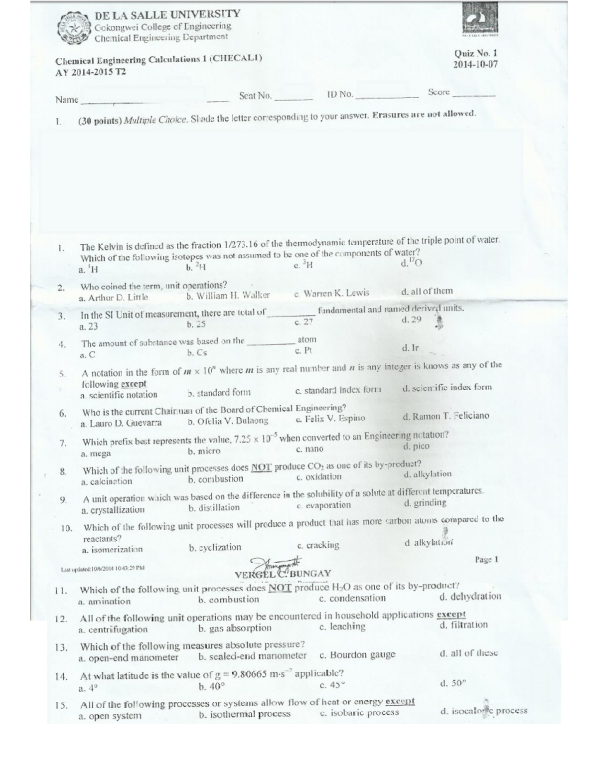 Quiz 1 2019, questions and answers - Chemical Engineering Calculations ...