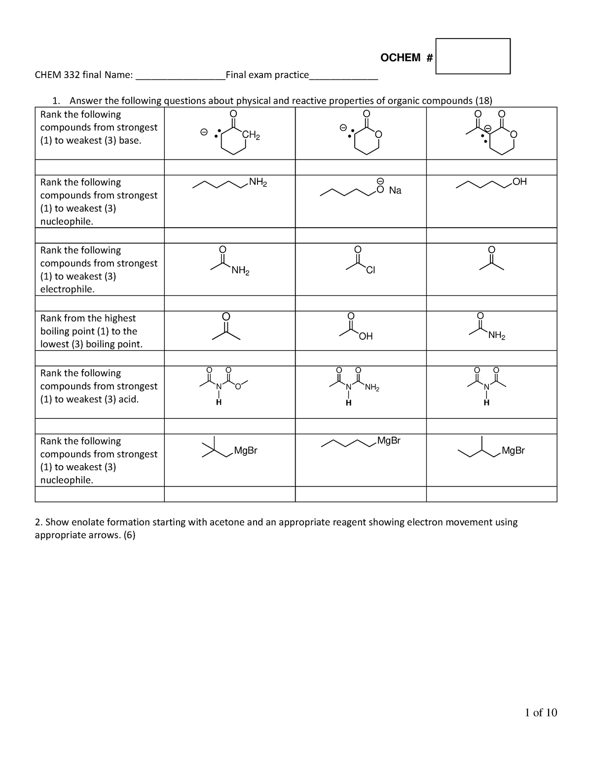 Practice materials for final - CHEM 332 final Name: ____Final exam ...