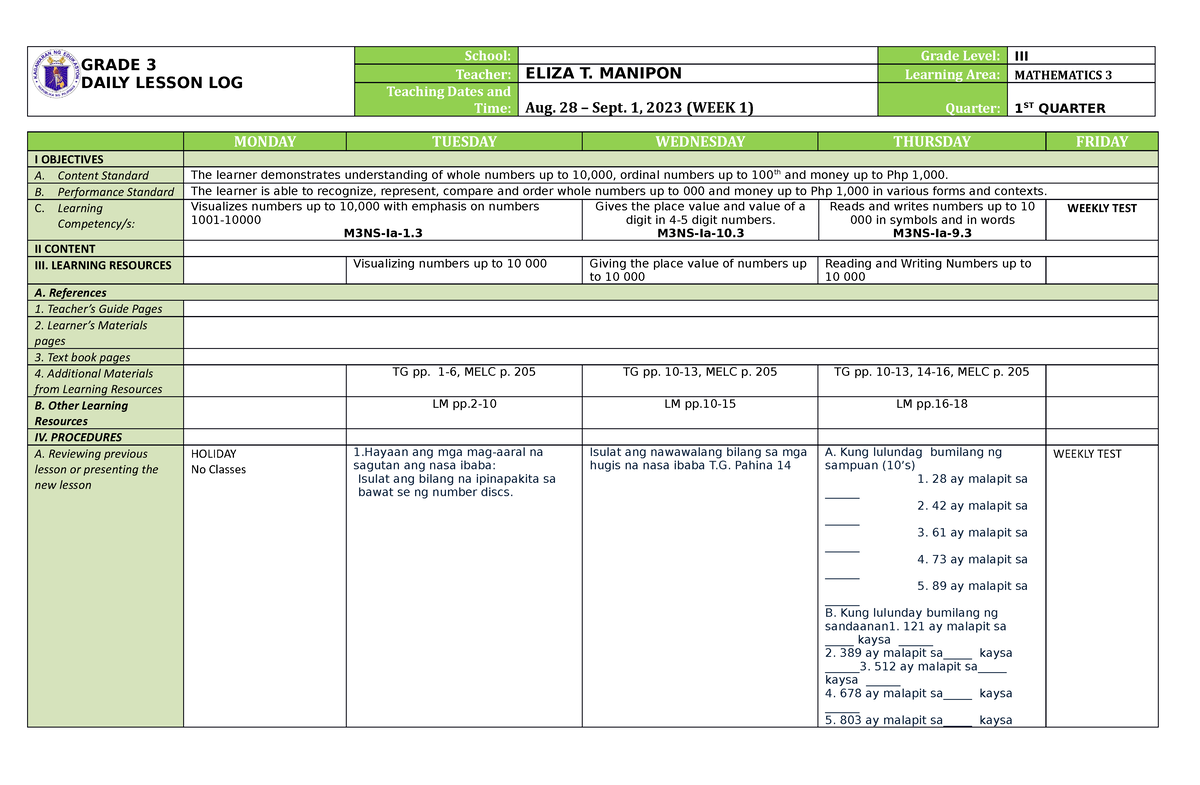 DLL MATH3 Q1 W1-9 - About MATH. - GRADE 3 DAILY LESSON LOG School ...