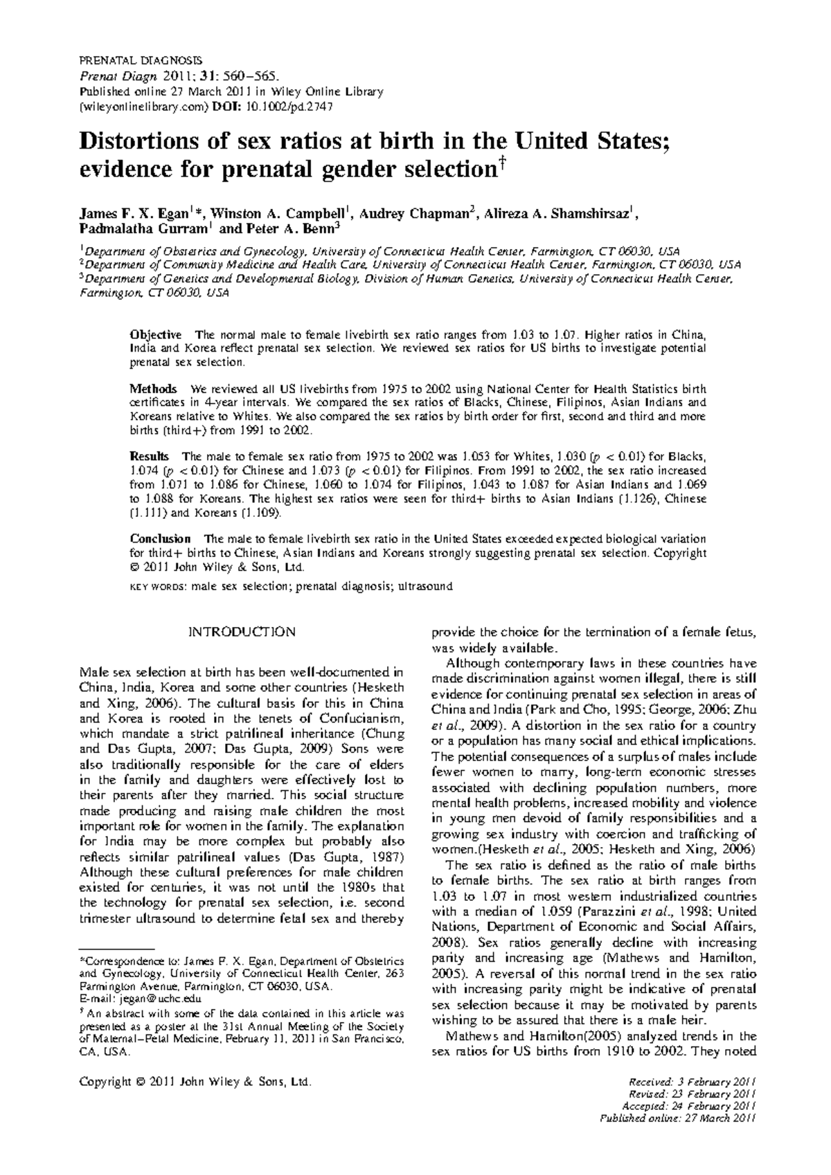 Distortions of sex ratios at birth in the United States;evidence for ...