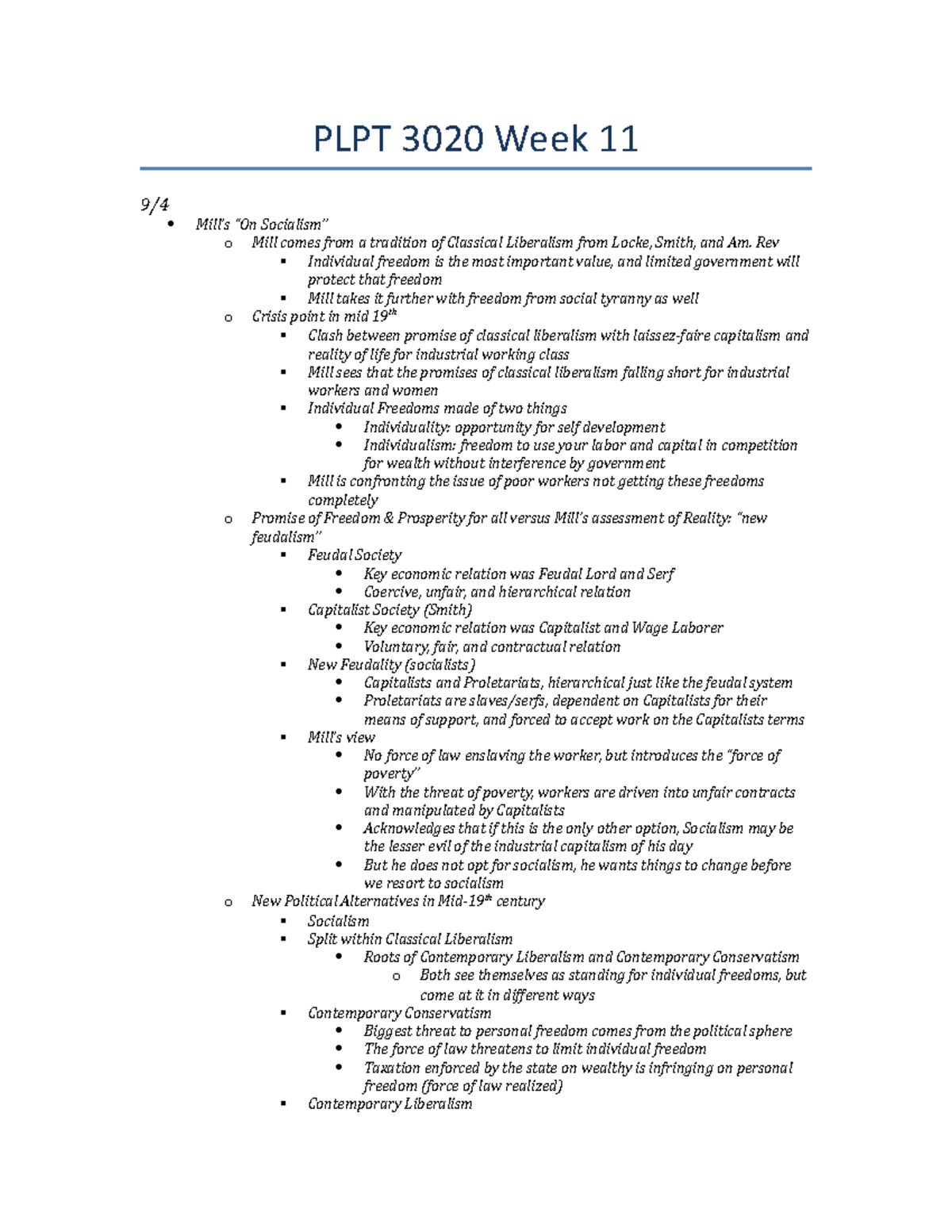 PLPT 3020 Week 11 - week 11 - PLPT 3020 Week 11 9/ Mill’s “On Socialism ...