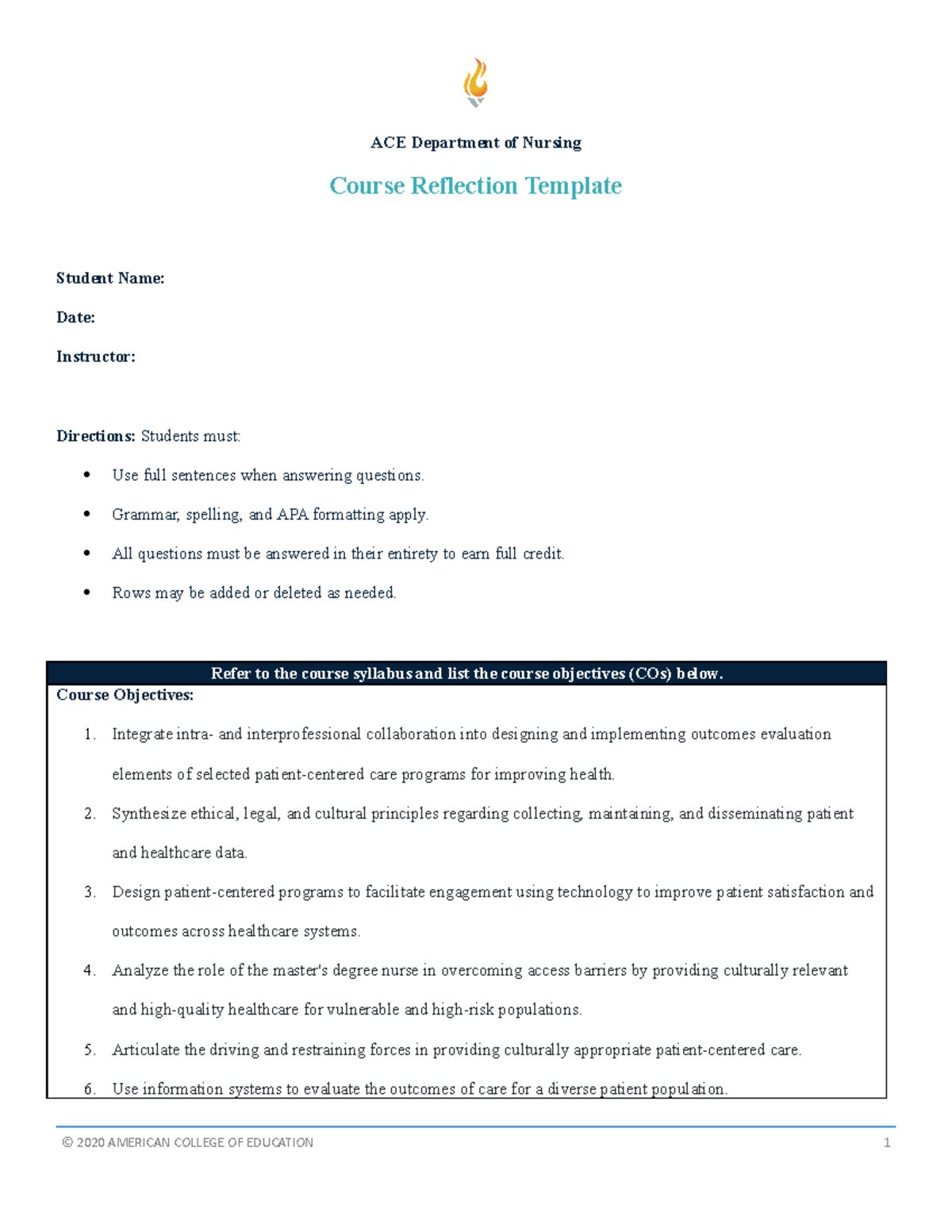 435946411 course-reflection template - ACE Department of Nursing Course ...