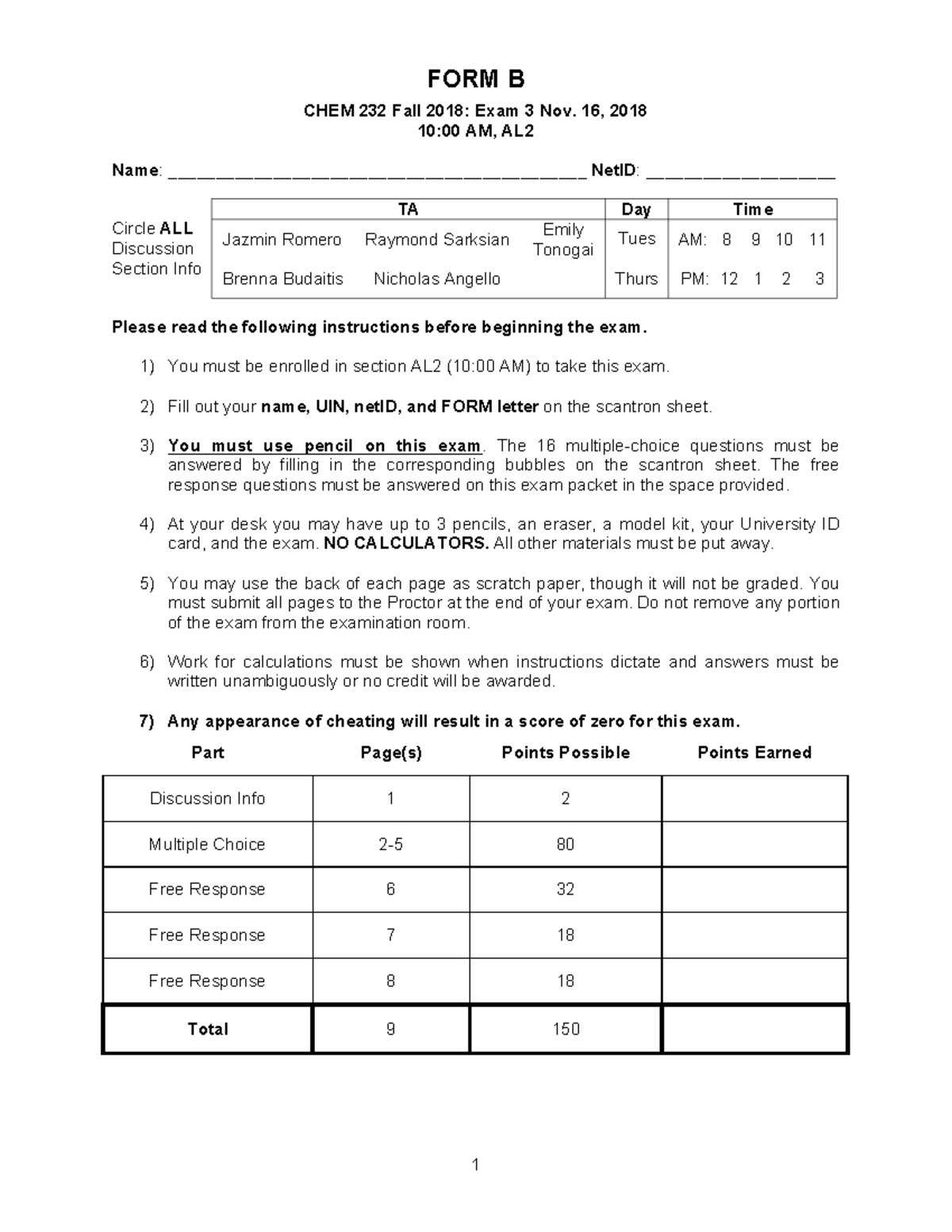 Exam 3 F2018 - Practice Exam 3 Orgo - CHEM 232 Fall 2018: Exam 3 Nov ...