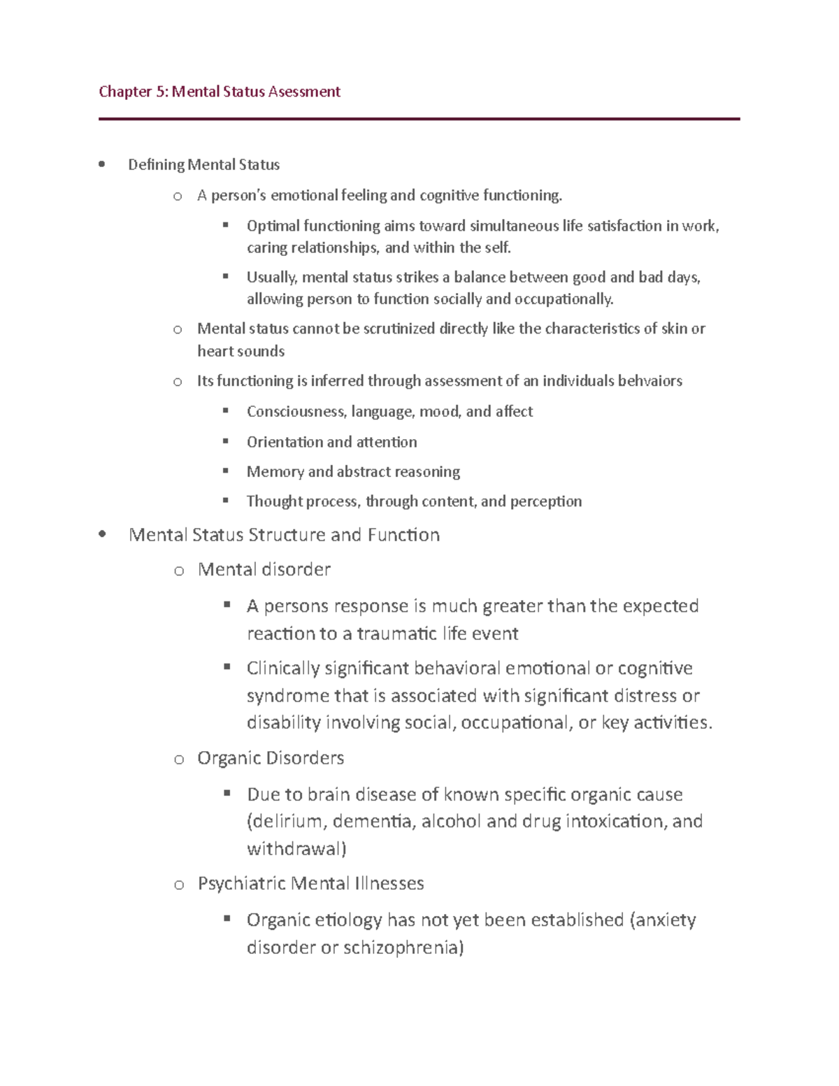 Chapter 5 Phys A Wk 5 - Mental Status Assessment - Chapter 5: Mental ...