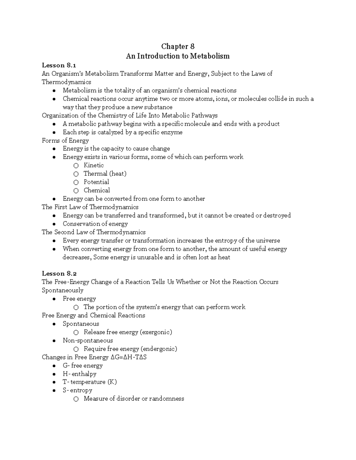 Ch. 8: An Introduction to Metabolism - Chapter 8 An Introduction to ...
