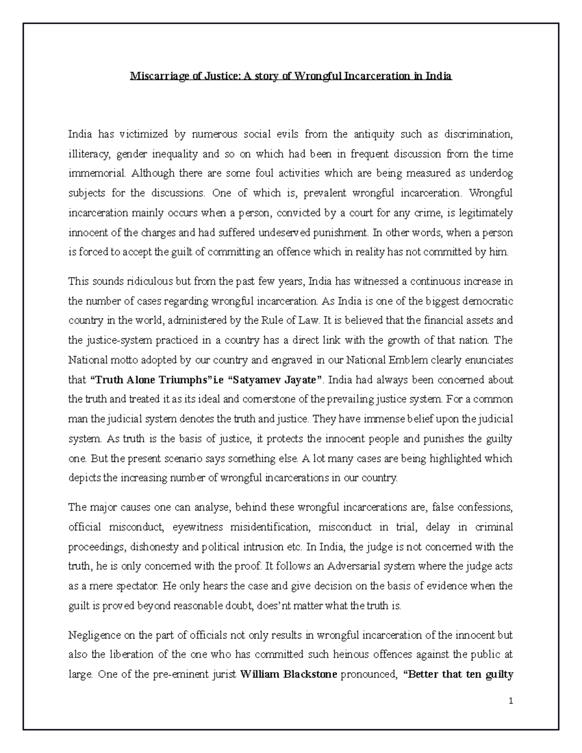 Miscarriage of Justice Wrongful incarceration in India Miscarriage