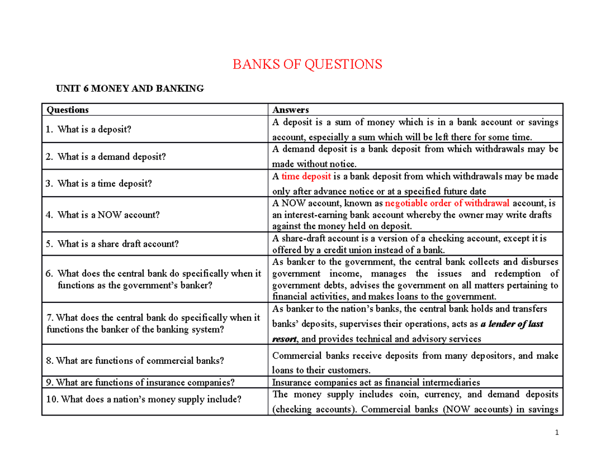 Banks OF Questions 2022 2023 BANKS OF QUESTIONS UNIT 6 MONEY AND