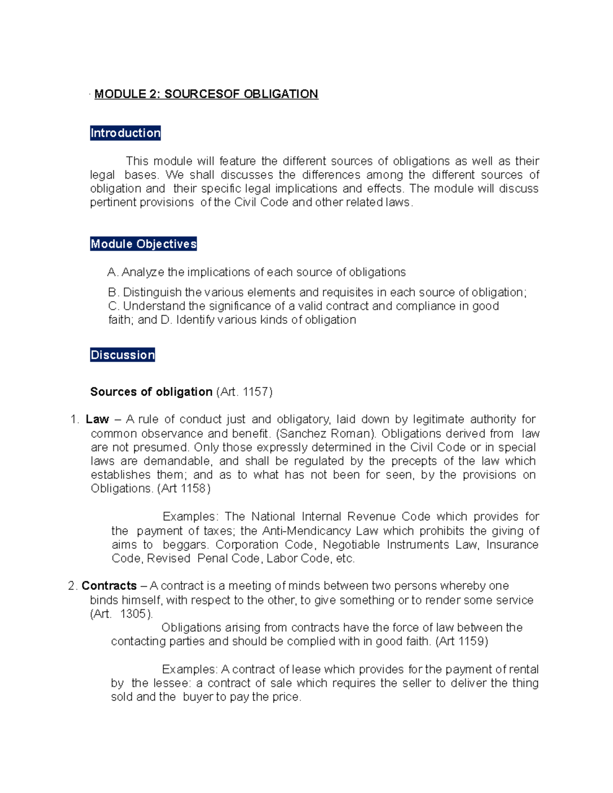 Sources Of Obligation MODULE 2 SOURCESOF OBLIGATION Introduction 