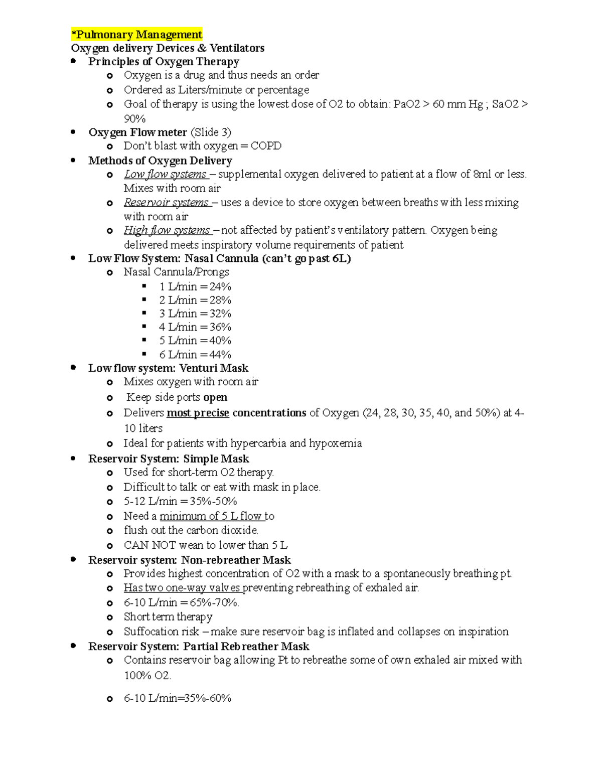 Pulm Management Outline - *Pulmonary Management Oxygen delivery Devices ...